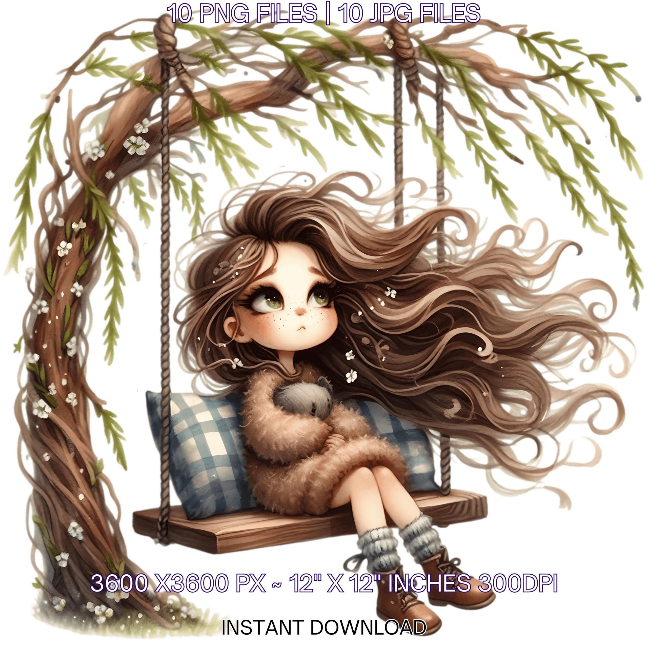 Little Girl Swinging Under Willow Tree Clipart | 10 PNG & 10 JPG | Whimsical Tree Clip Art for Scrapbooking, Sublimation | Commercial Use – Instant Digital Download