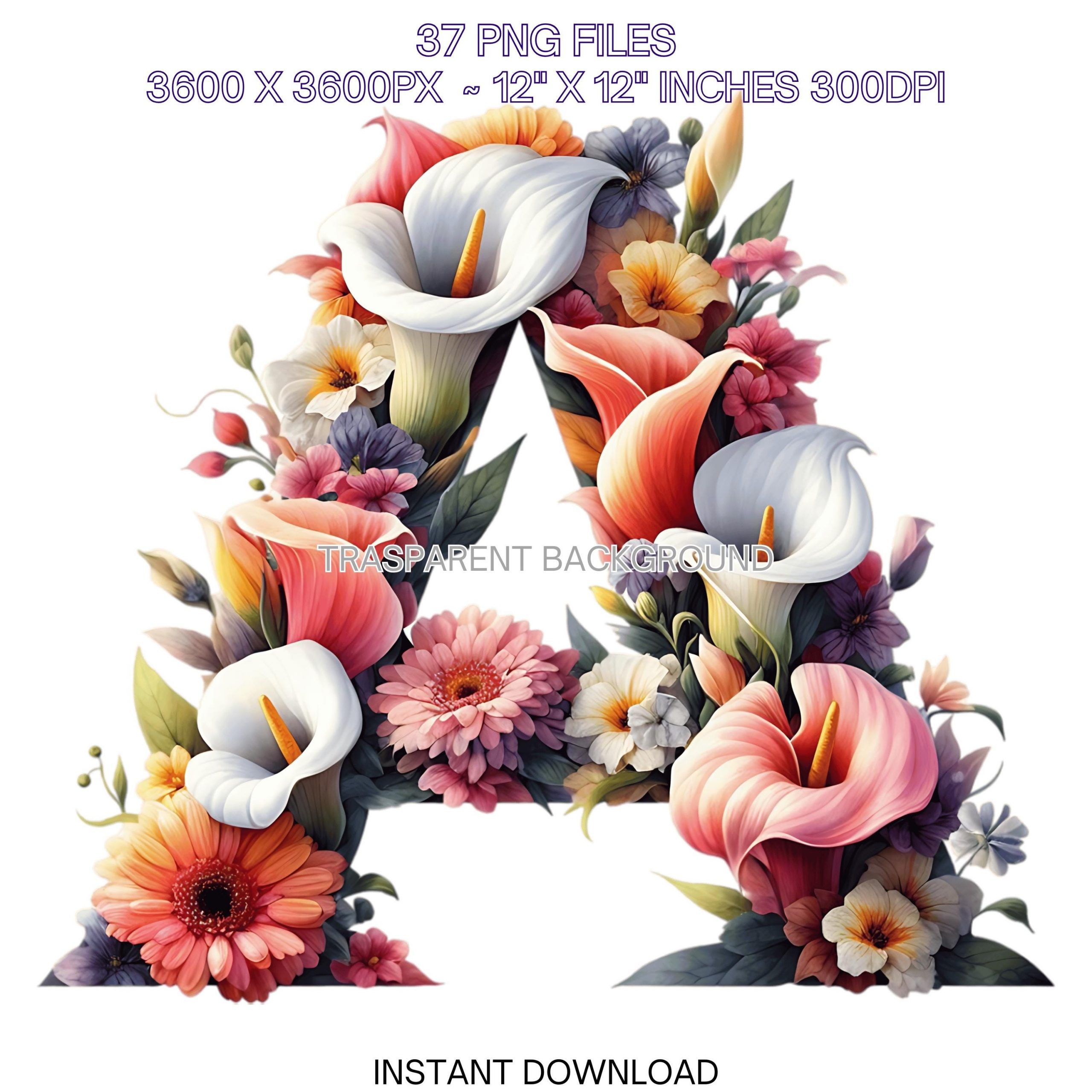 Flowers Alphabet PNG | 37 Watercolor Calla Lily Flowers Letters, Numbers for Invitation Cards Clipart | Full English Alphabet Commercial Use – Instant Digital Download