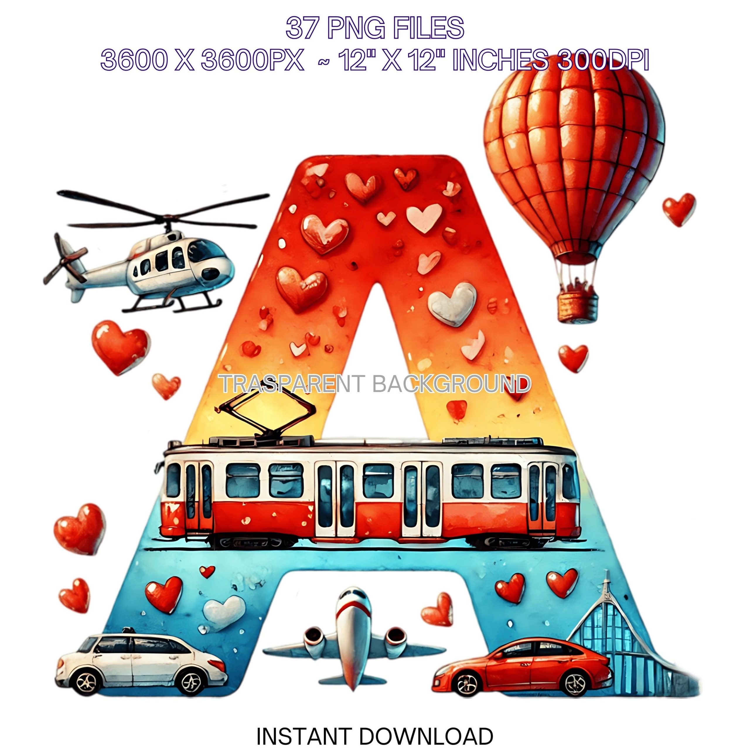 Watercolor Valentine Alphabet Clipart | 37 Red Blue FULL English Letters, Numbers for Boys  | Harts and Cars | ABC Valentine PNG Commercial – Instant Digital Download
