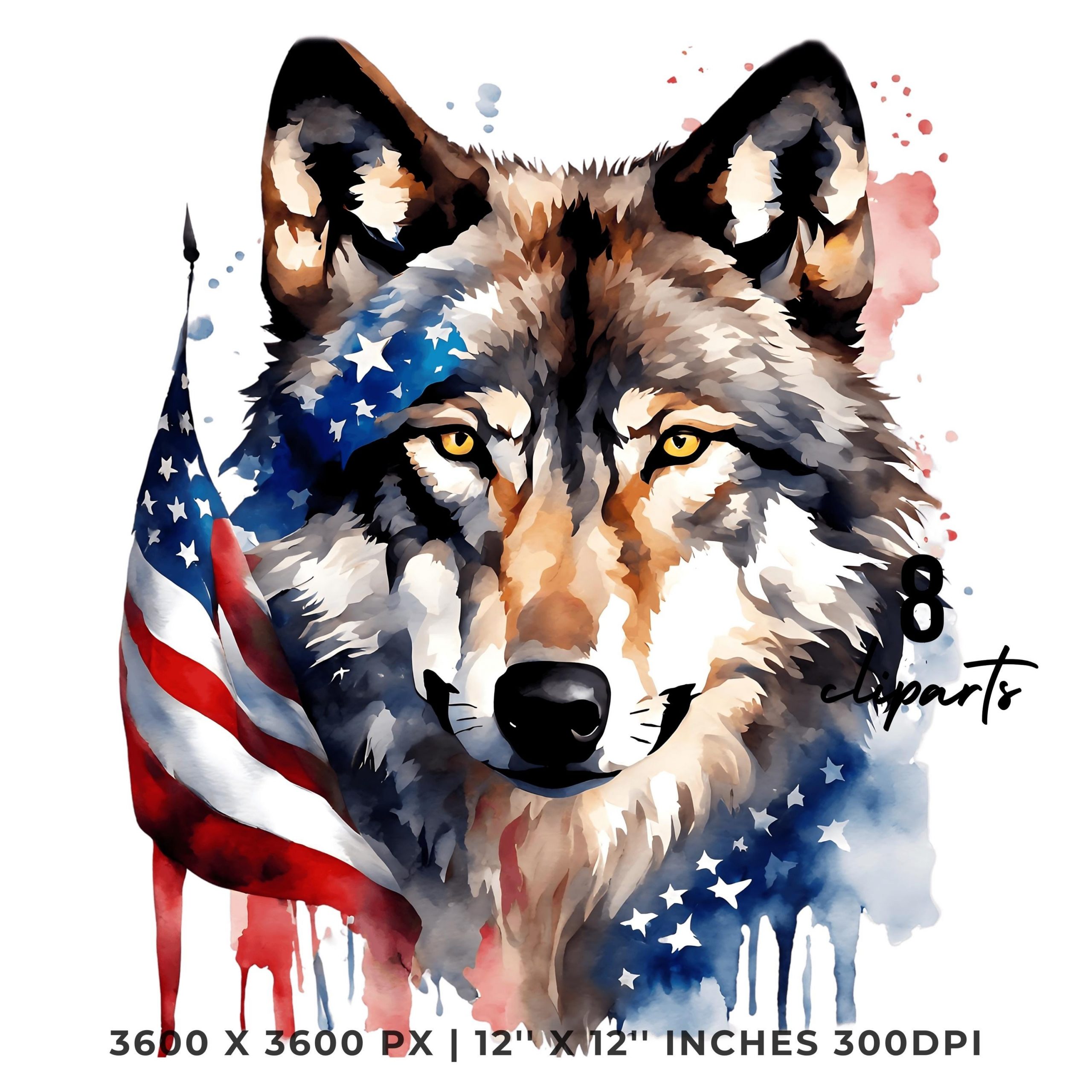 Watercolor WOLF Flag PNG | 8 Patriotic USA Wolf Flag Clipart | United States Wolf Flag Sublimation Transparent Commercial Use – Instant Digital Download