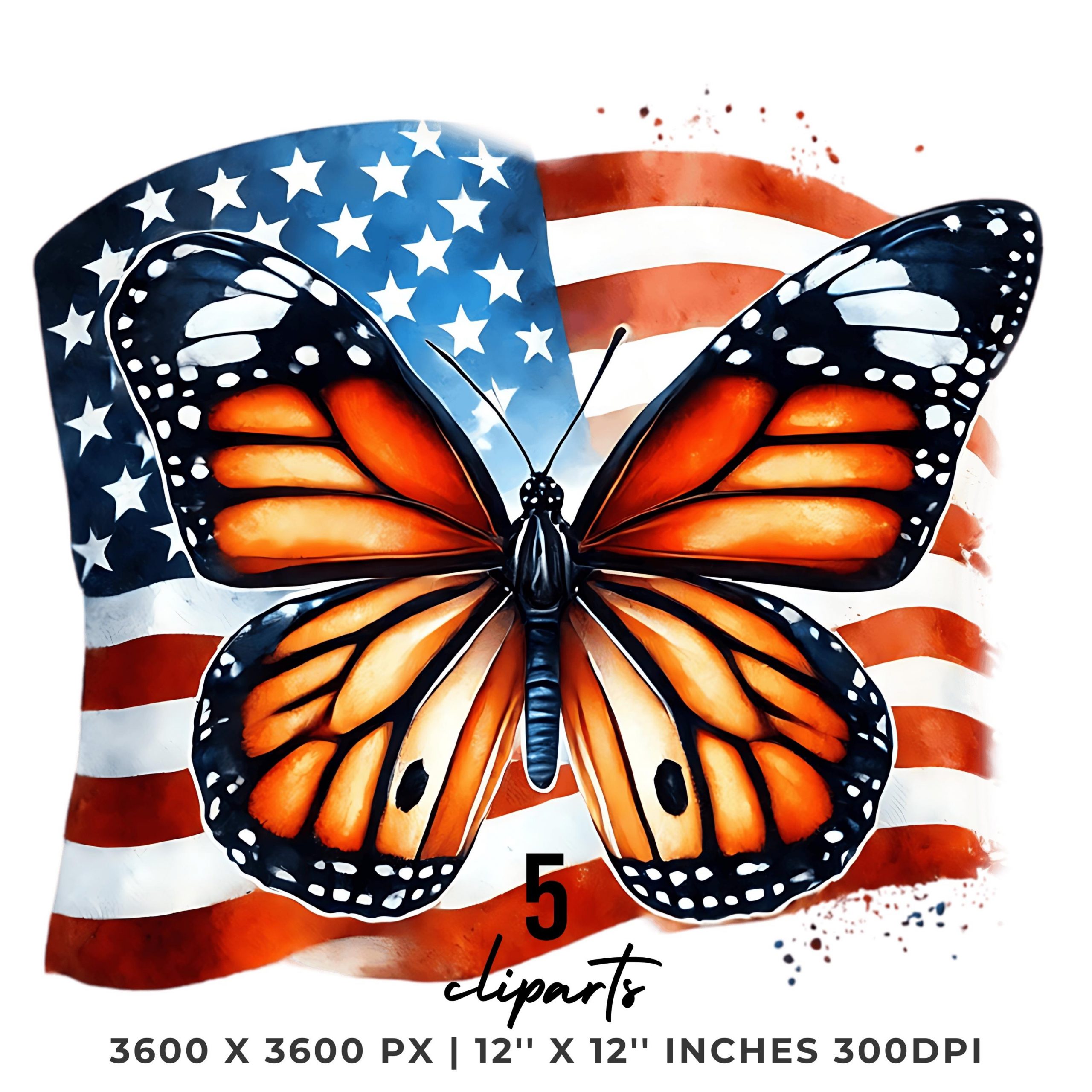 Watercolor Monarch Flag PNG | 5 Patriotic Butterfly USA Flag Clipart | United States Monarch Flag Sublimation Transparent Commercial Use – Instant Digital Download