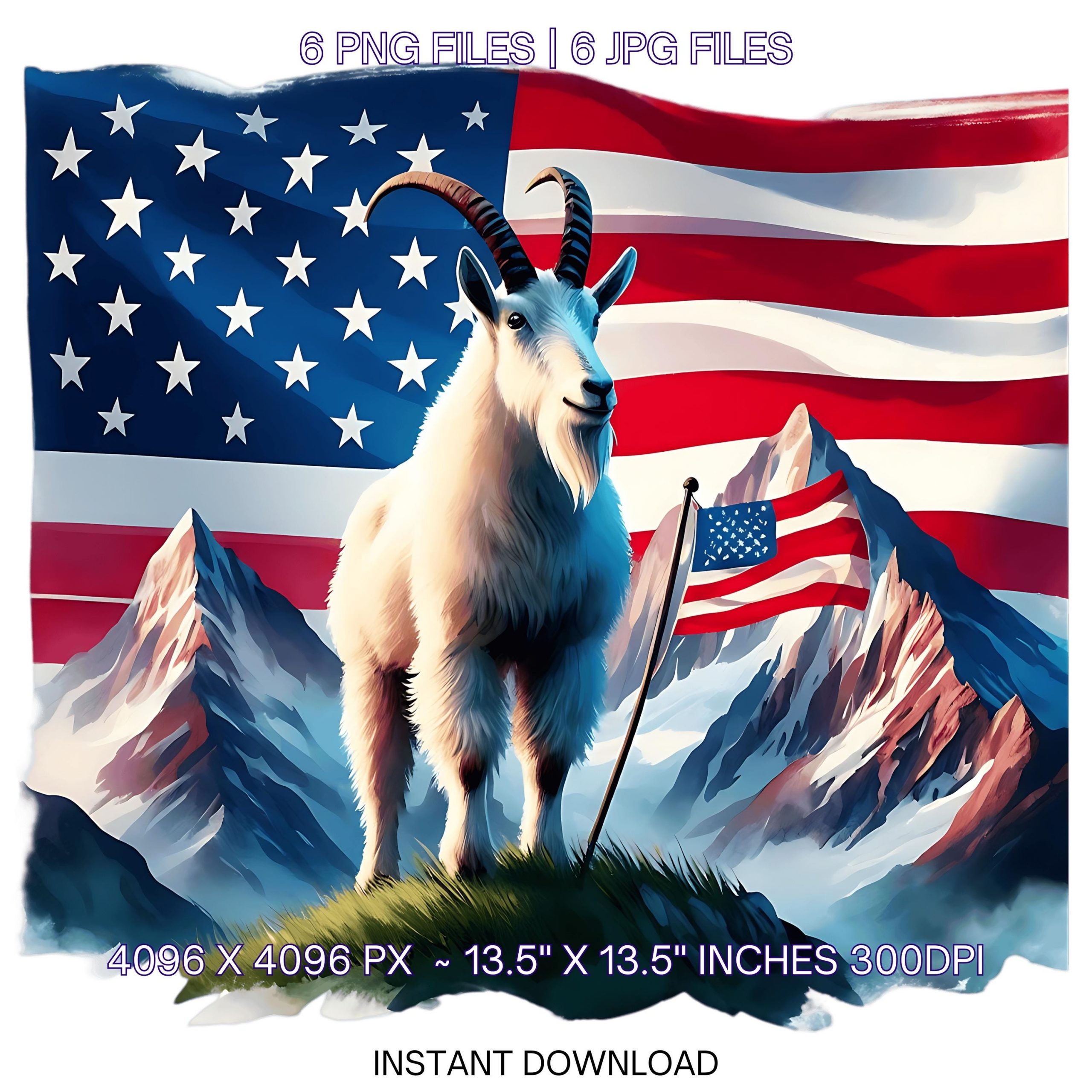 Watercolor Goat Flag PNG | 6 Patriotic USA Mountain Goat Flag Clipart | United States White Goat Flag Sublimation Transparent Commercial Use – Instant Digital Download