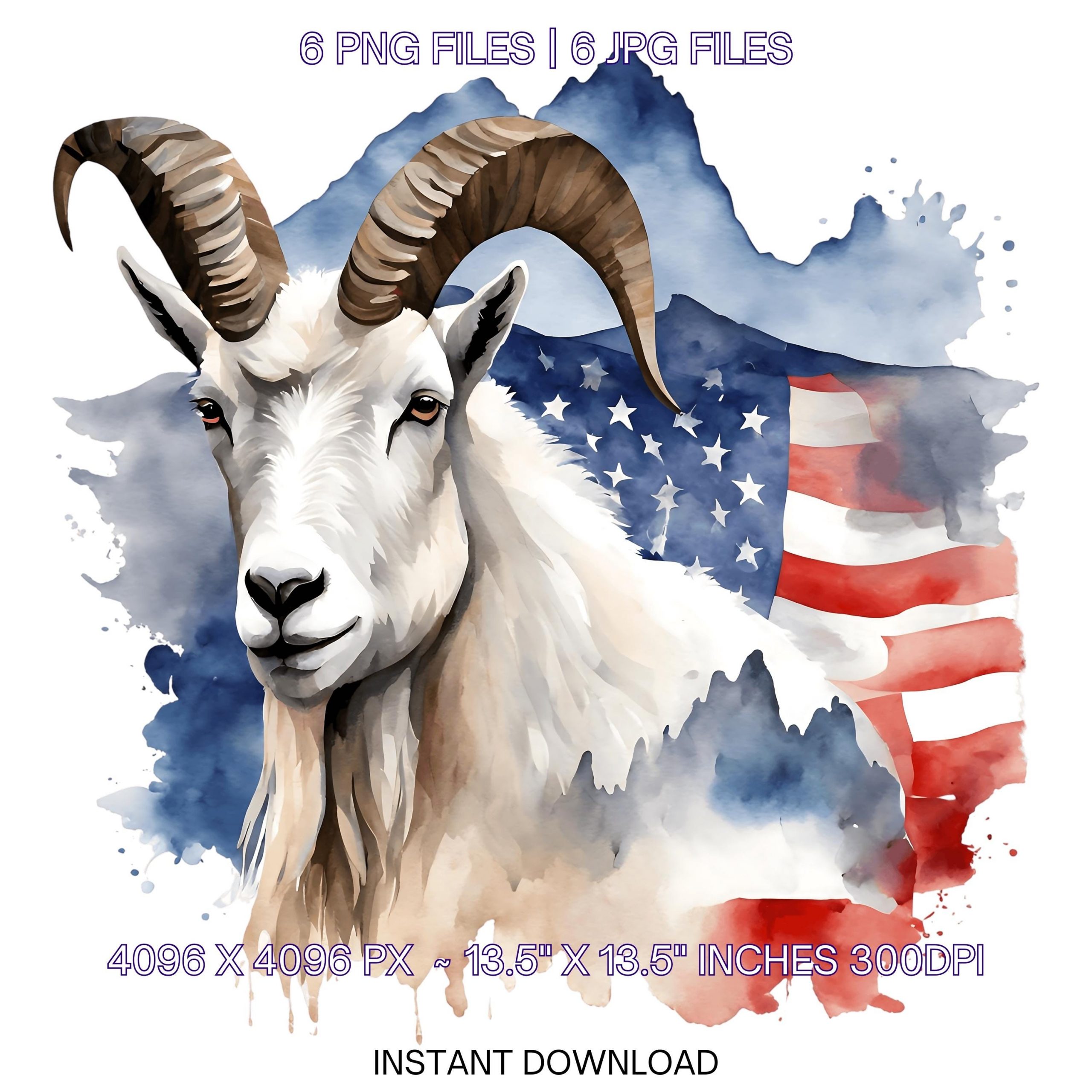 Goat Flag PNG | 5 Patriotic USA Mountain Goat Flag Clipart | Watercolor United States White Goat Flag Sublimation Transparent Commercial Use – Instant Digital Download