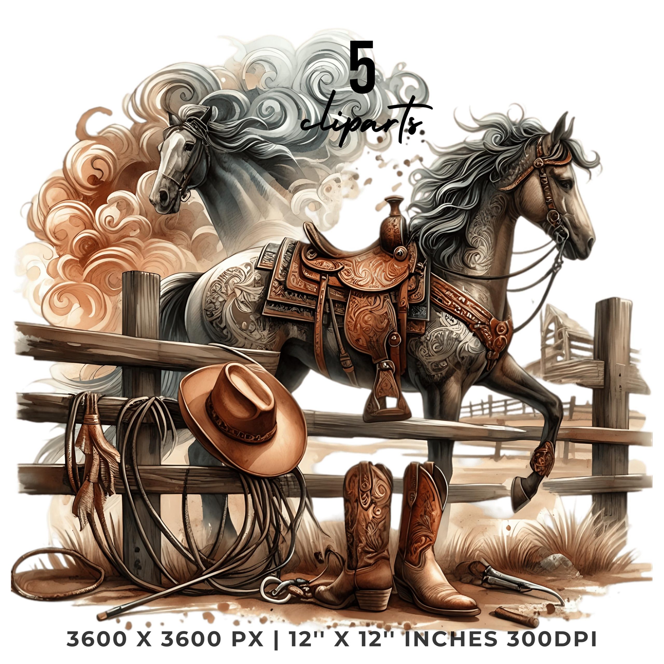 5 Cowboy Horse with Western Saddle, Cowboy Hat & Lasso | Watercolor Country Cowboy Things Clipart PNG Sublimation Designs PNG Commercial Use – Instant Digital Download