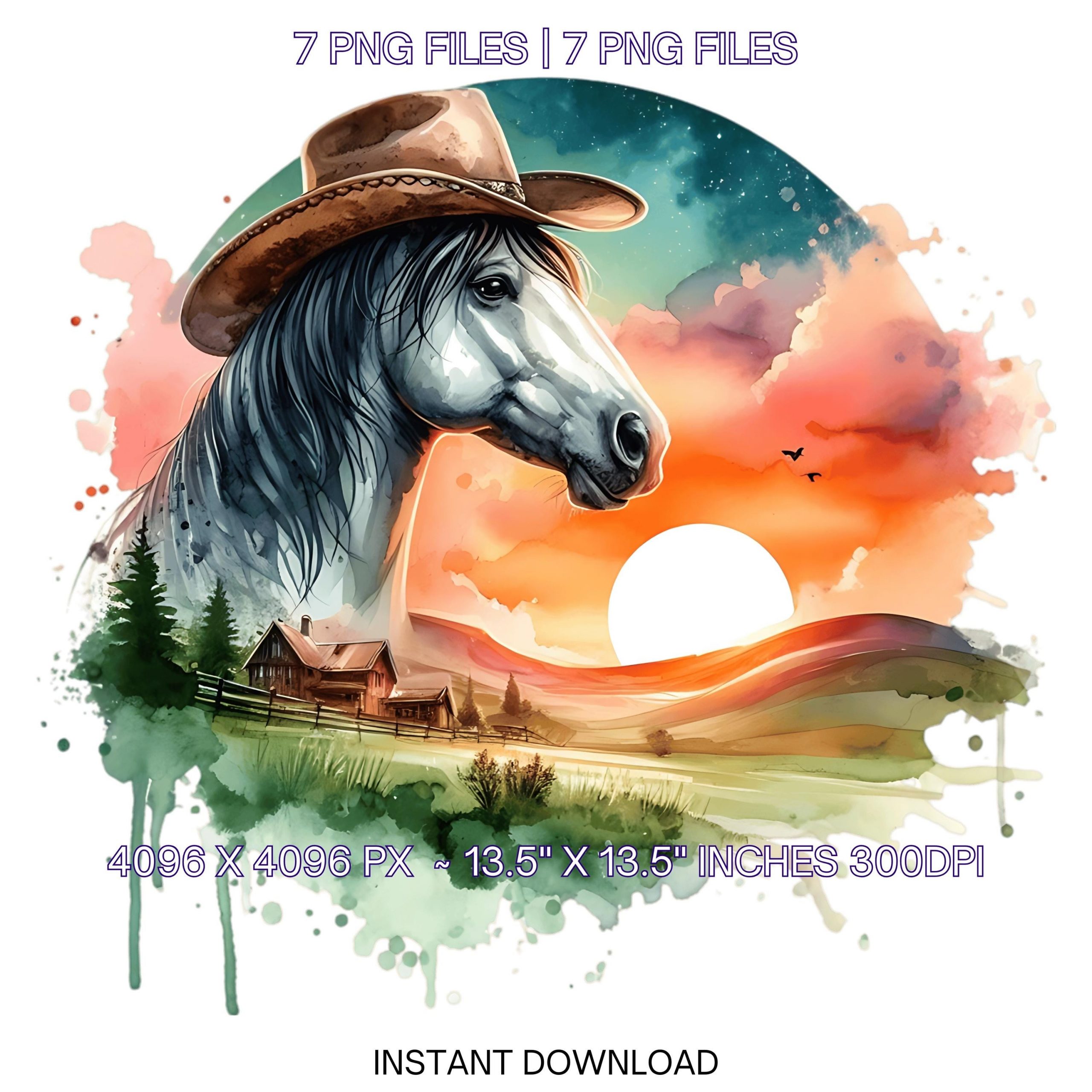 7 Western Horse wearing Cowboy Hat Sublimation Design | Watercolor Country Cowboy Goods PNG Clipart | Country Boy Things | Commercial use – Instant Digital Download