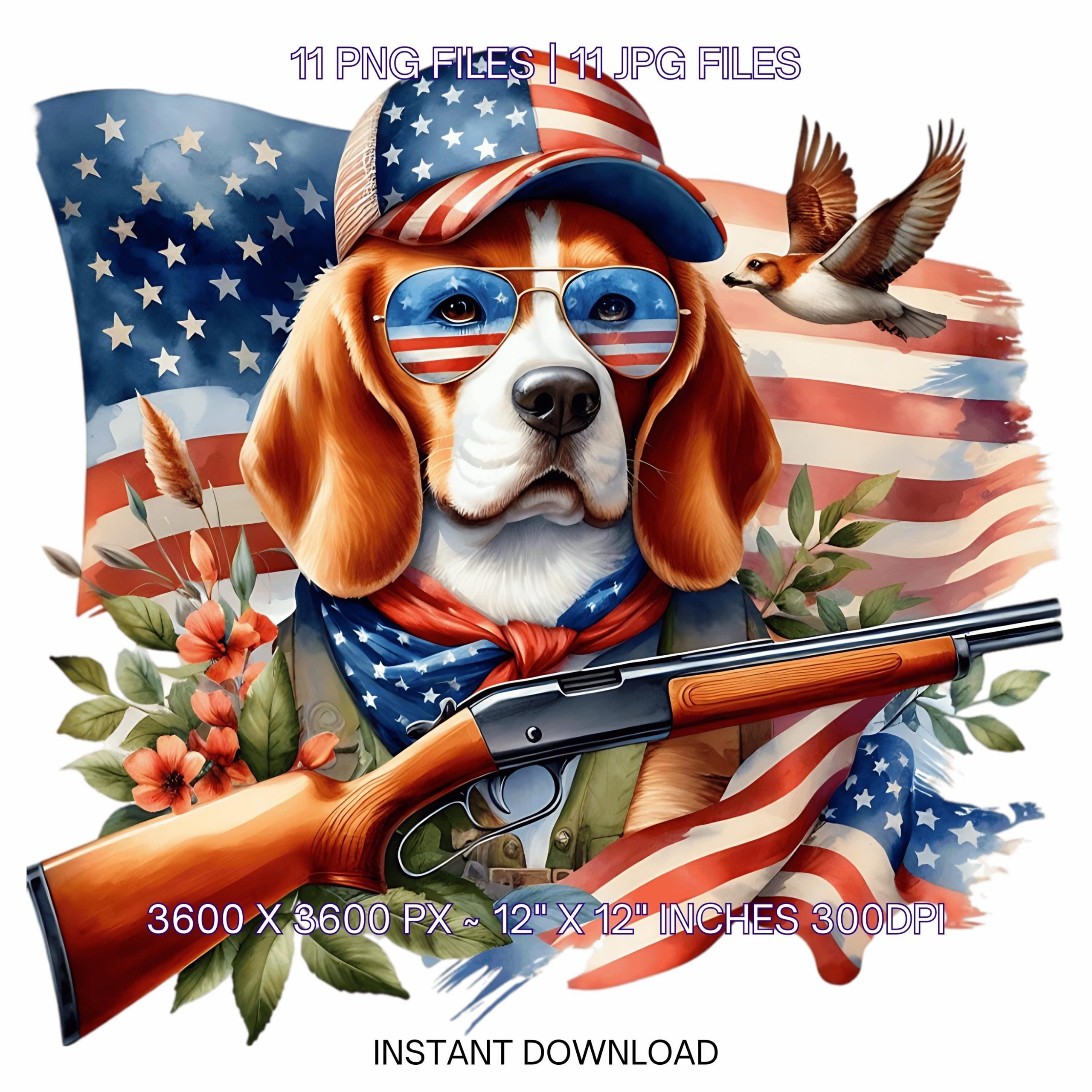 Watercolor Beagle Dog Flag PNG | 11 Patriotic USA Flag Beagle Hunting Clipart | United States Flag Dog Hunting Sublimation | Commercial Use – Instant Digital Download