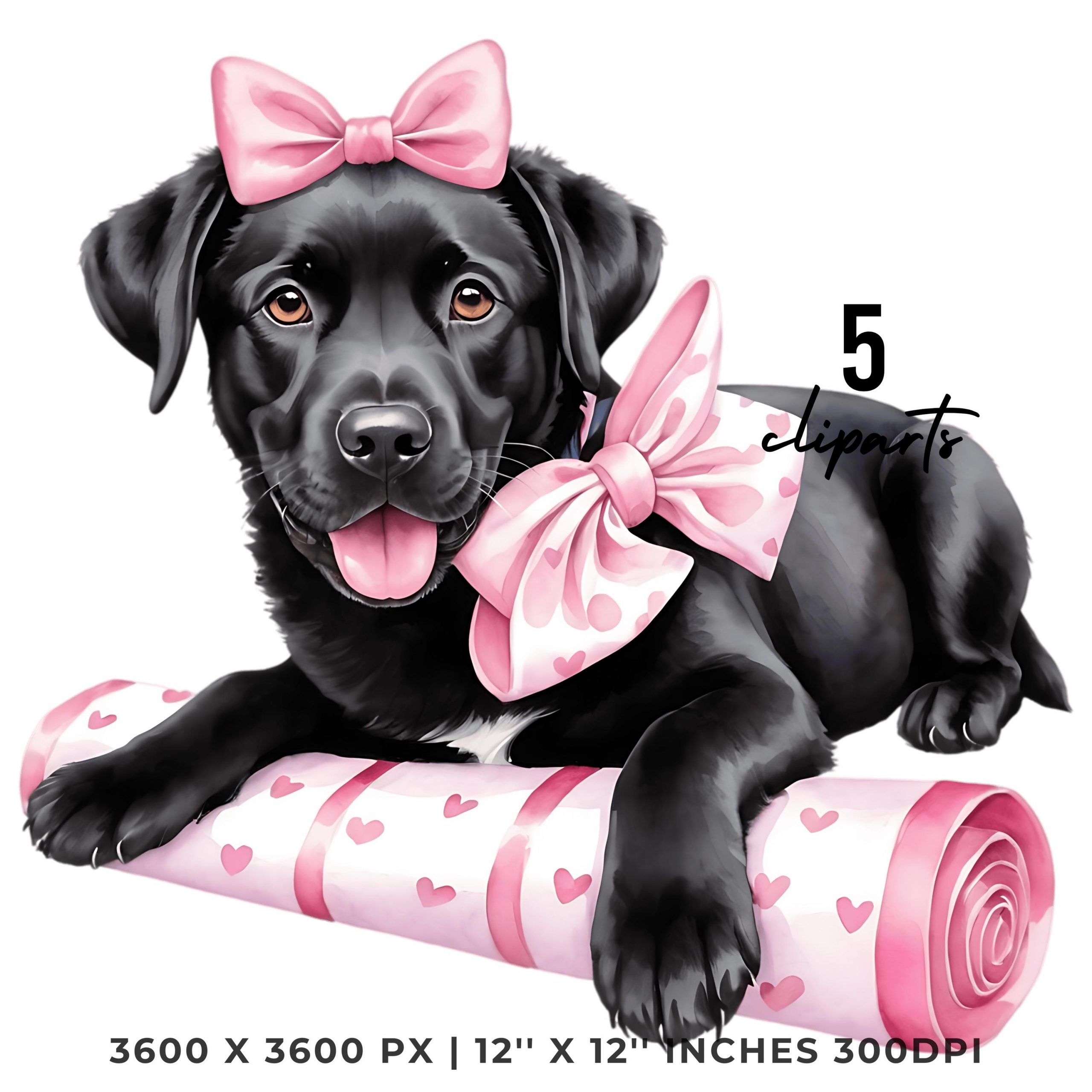 5 Relaxing Black Labrador Retriever Dog wearing Pink Bow Headband Watercolor PNG Clipart for Card, Pet Portrait, Sublimation Commercial Use – Instant Digital Download