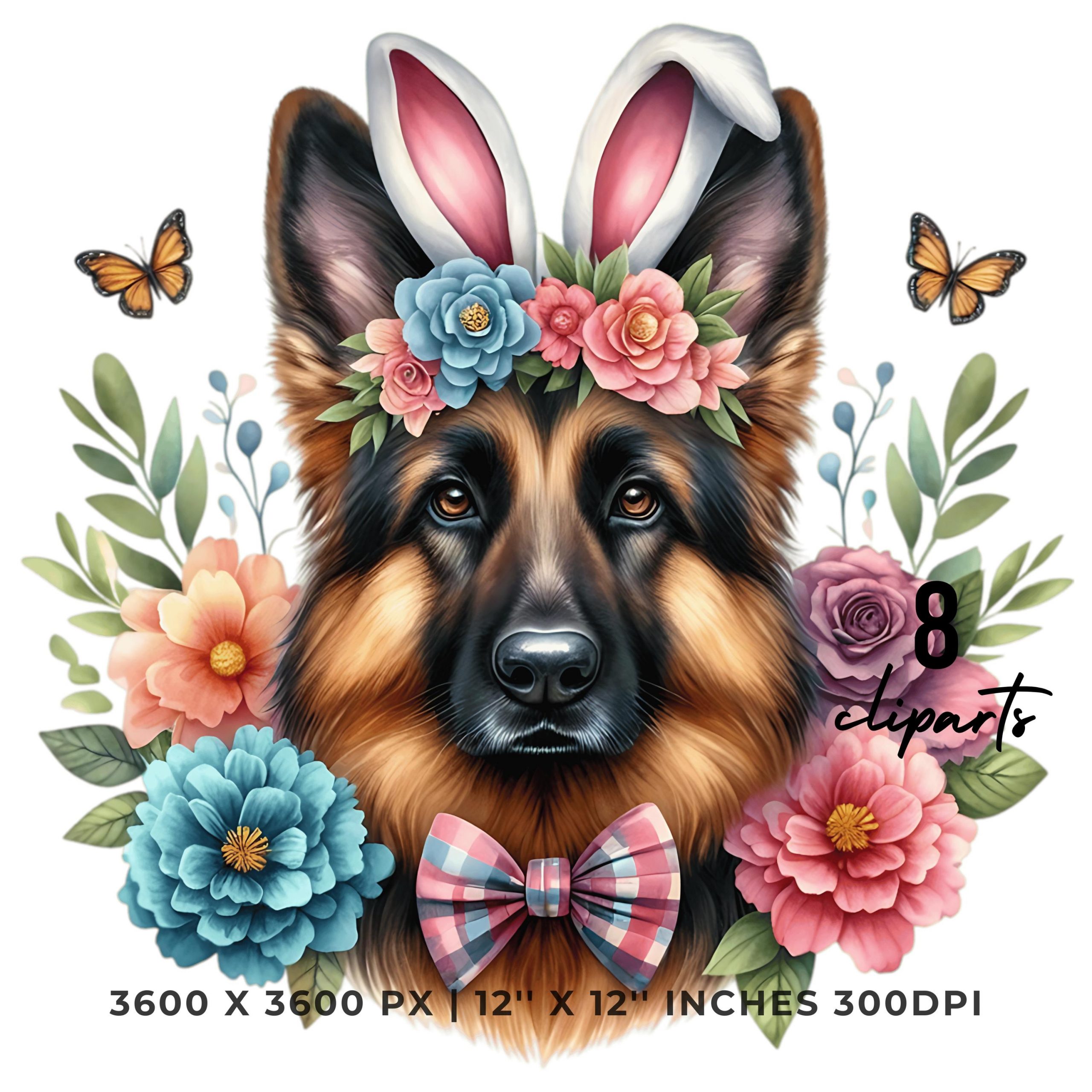 8 German Shepherd Dog wearing Floral Bow Tie & Bunny Ears Headband PNG Clipart Watercolor | Easter Eggs Hunting | Sublimation Commercial Use – Instant Digital Download