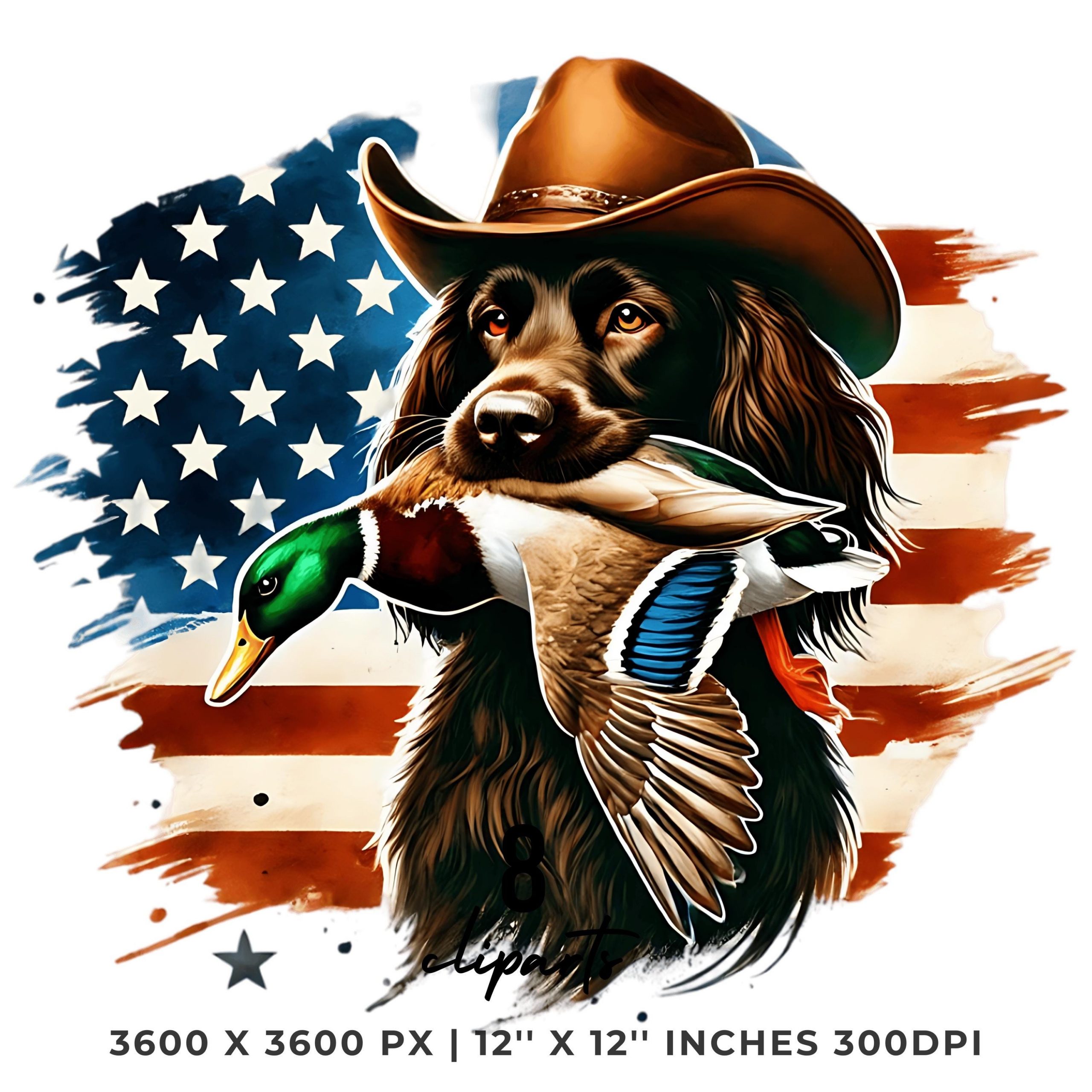 Watercolor Dog with Duck in its Mouth PNG | 7 Cowboy Beagle Hunting Duck Wearing US Flag Bandana Clipart | Transparent Hi-Res Commercial Use – Instant Digital Download