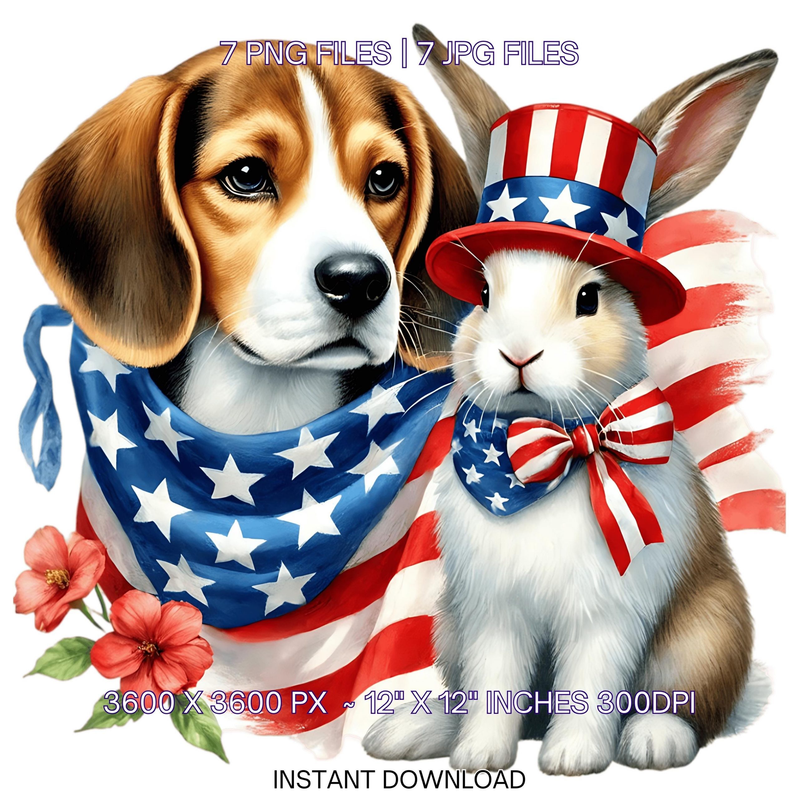 7 Watercolor Beagle & Rabbit PNG | Beagle Chasing Rabbit Wearing US Flag Clipart | Best Friends Beagle and Rabbit Transparent Commercial Use – Instant Digital Download