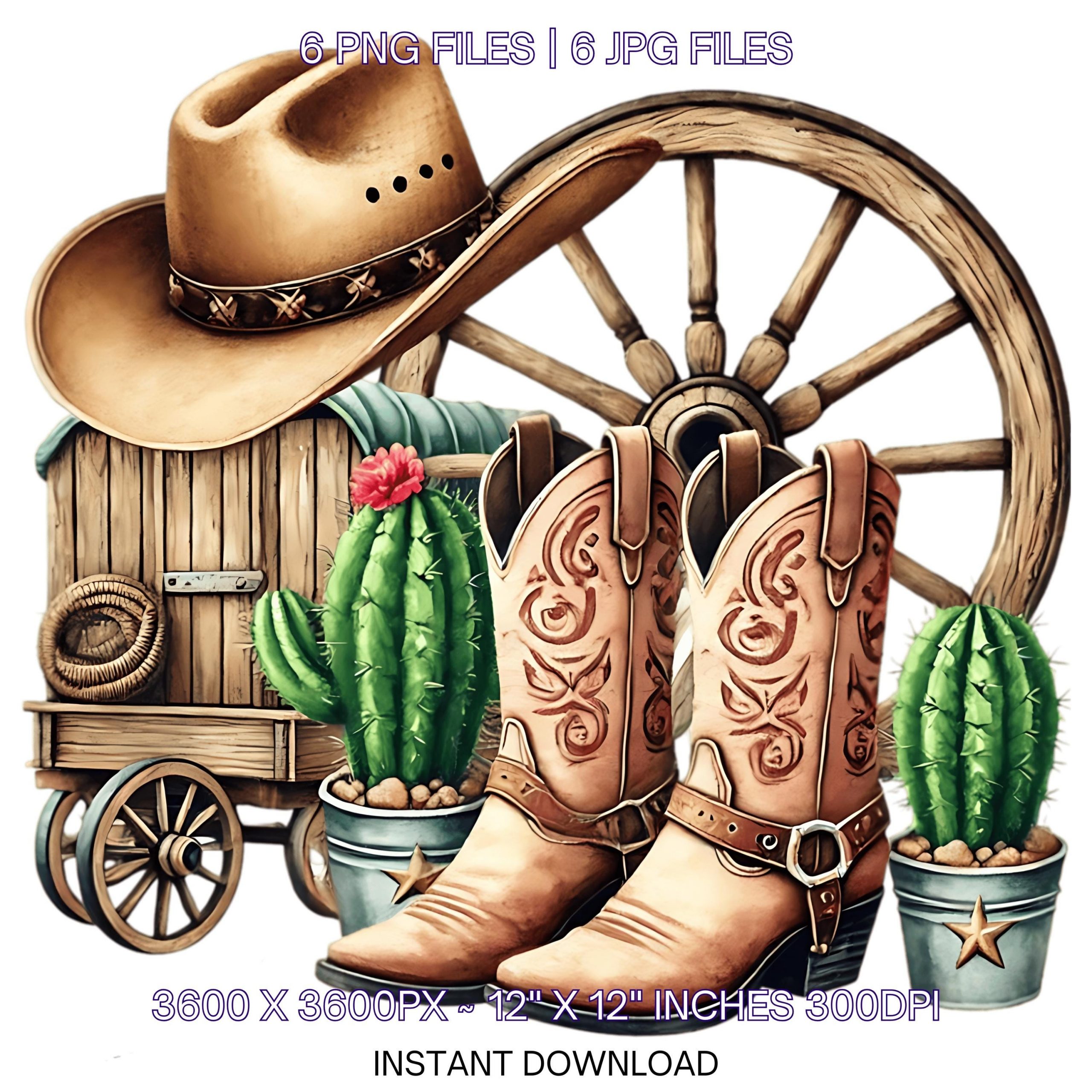 Cowgirl Boots Hat Old Wagon Wheel & Cactus | 6 Country Cowgirl Clipart Sublimation | Country Girl Watercolor Illustration PNG Commercial use – Instant Digital Download