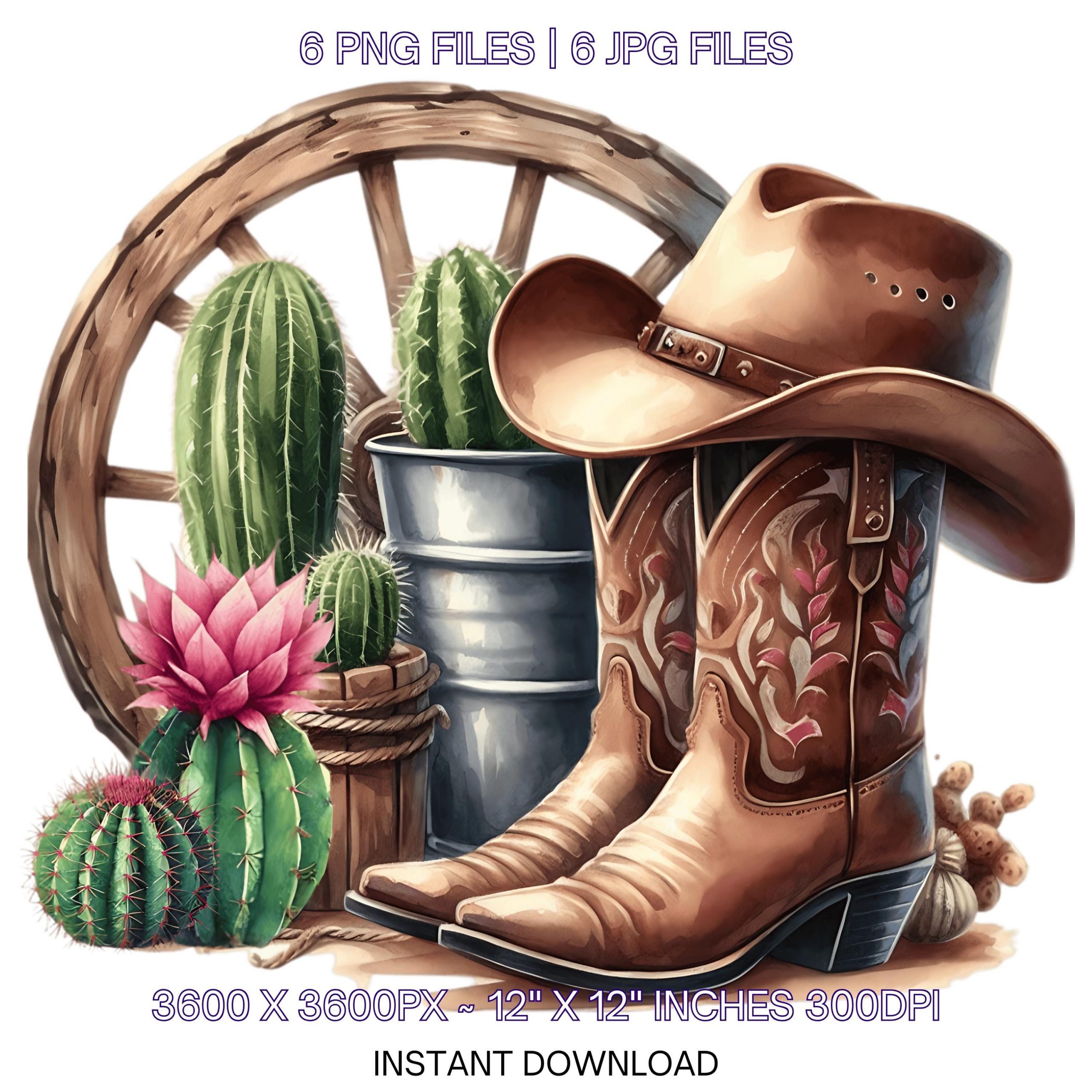 Watercolor Cowgirl Boots Hat Old Wagon Wheel & Cactus | 6 Country Cowgirl Clipart Sublimation | Country Girl Illustration PNG Commercial use – Instant Digital Download