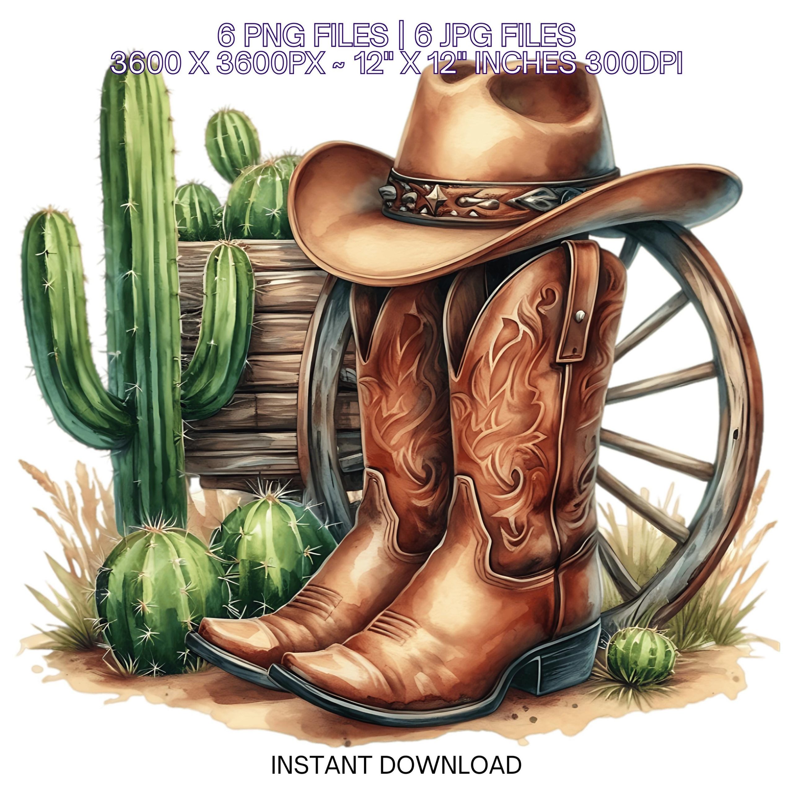 Cowboy Boots Hat Old Wagon Wheel & Cactus | 6 Country Cowboy Clipart Sublimation | Country Boy Watercolor Illustration PNG Commercial use – Instant Digital Download