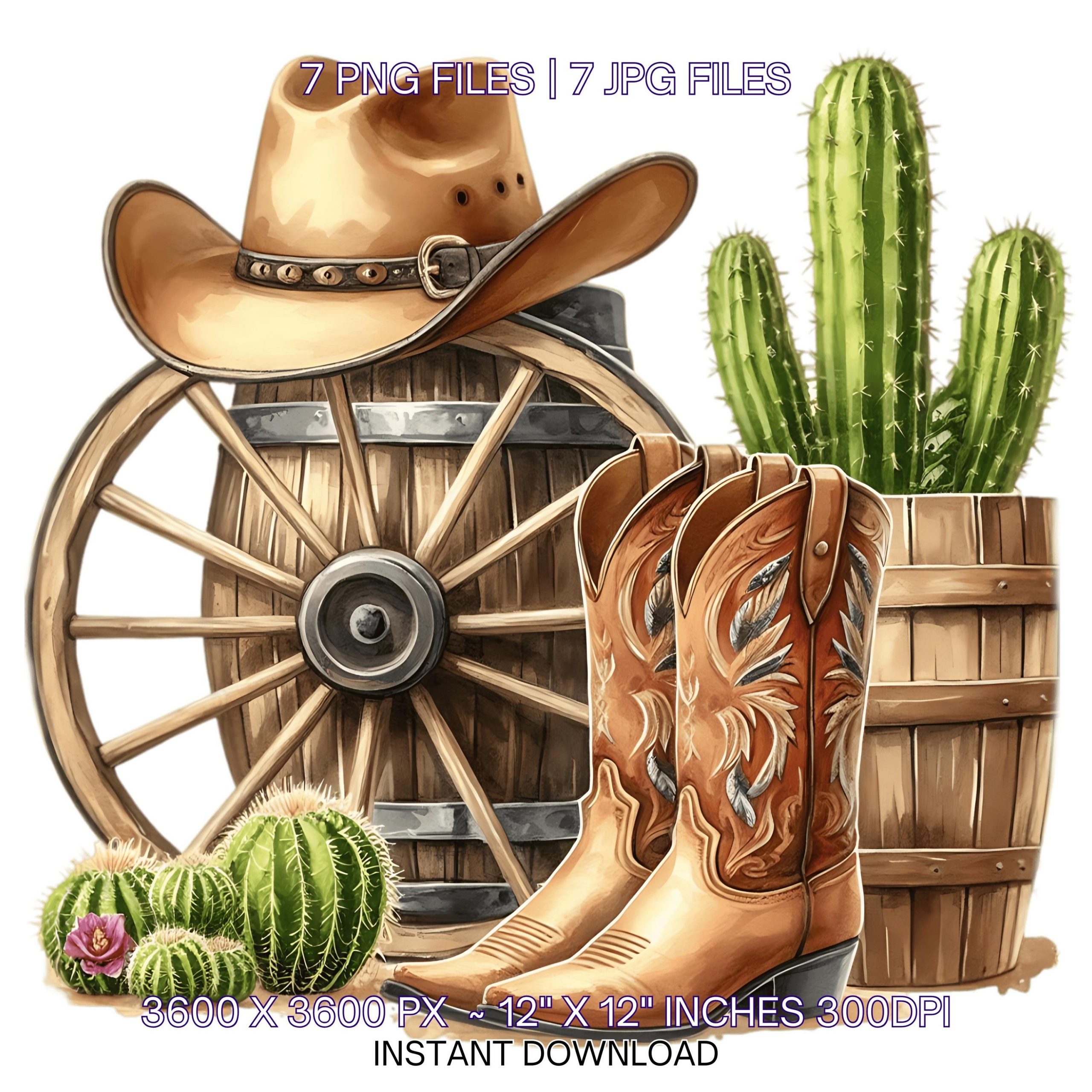 7 Western Cowboy Boots Hat Old Wagon Wheel holding on Barrel with Cactus | Watercolor Country Boy Clipart Sublimation PNG Commercial use – Instant Digital Download