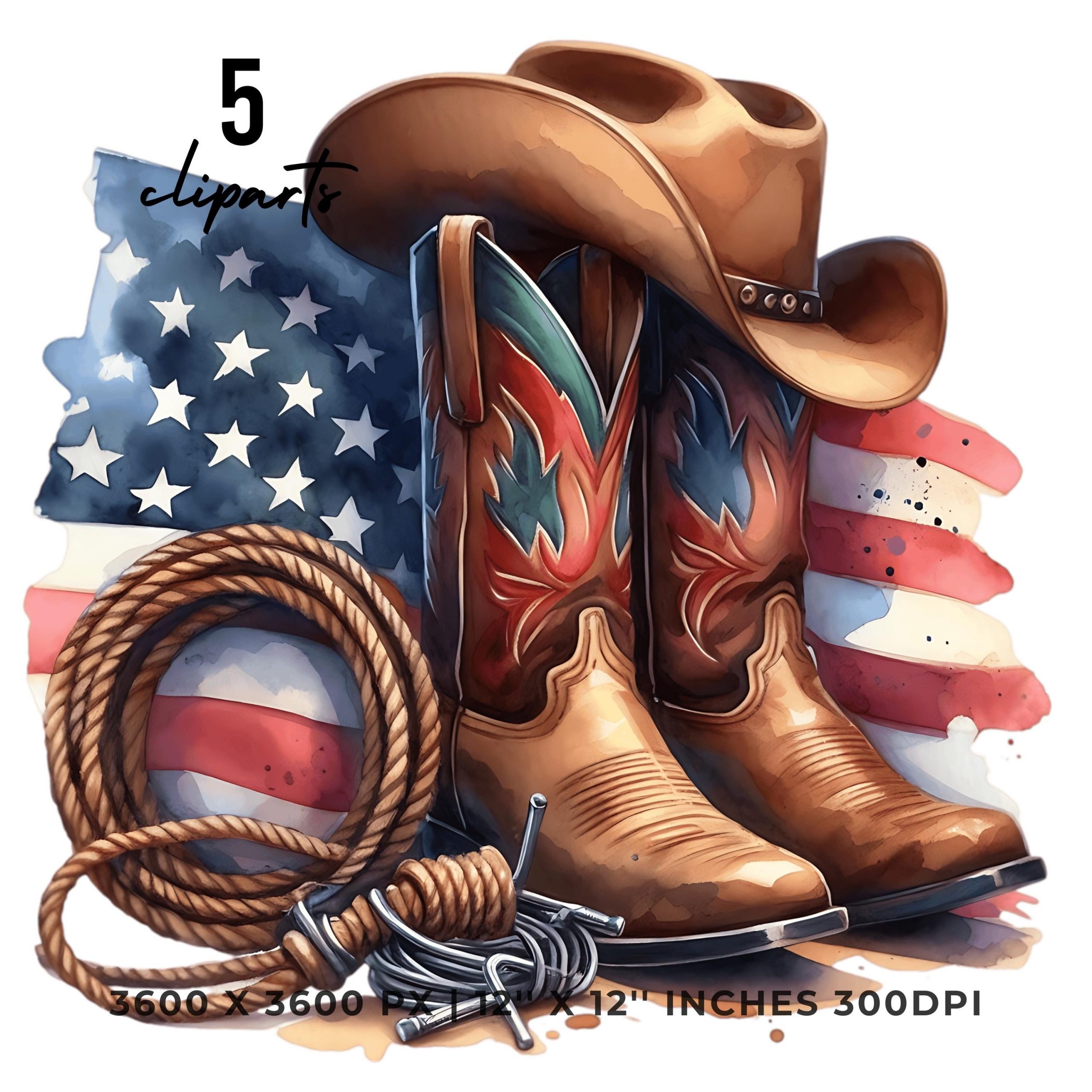 5 Patriotic Cowboy Boots, Hat & Lasso PNG | Western Country Cowboy US Flag Sublimation | Southern Cowboy US Flag png | Commercial use – Instant Digital Download