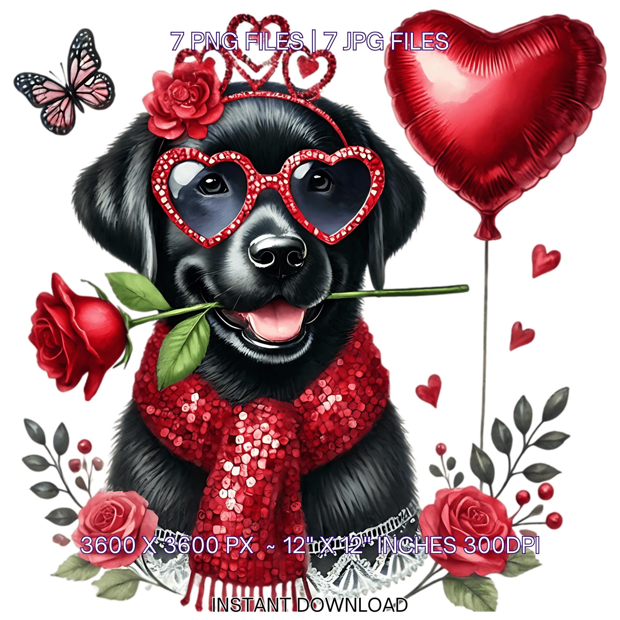 7 Valentine Black Labrador Puppy Dog Clip Art PNG for Labrador Dog Lover | Quirky Whimsical Labrador Sublimation Scrapbooking Commercial Use – Instant Digital Download