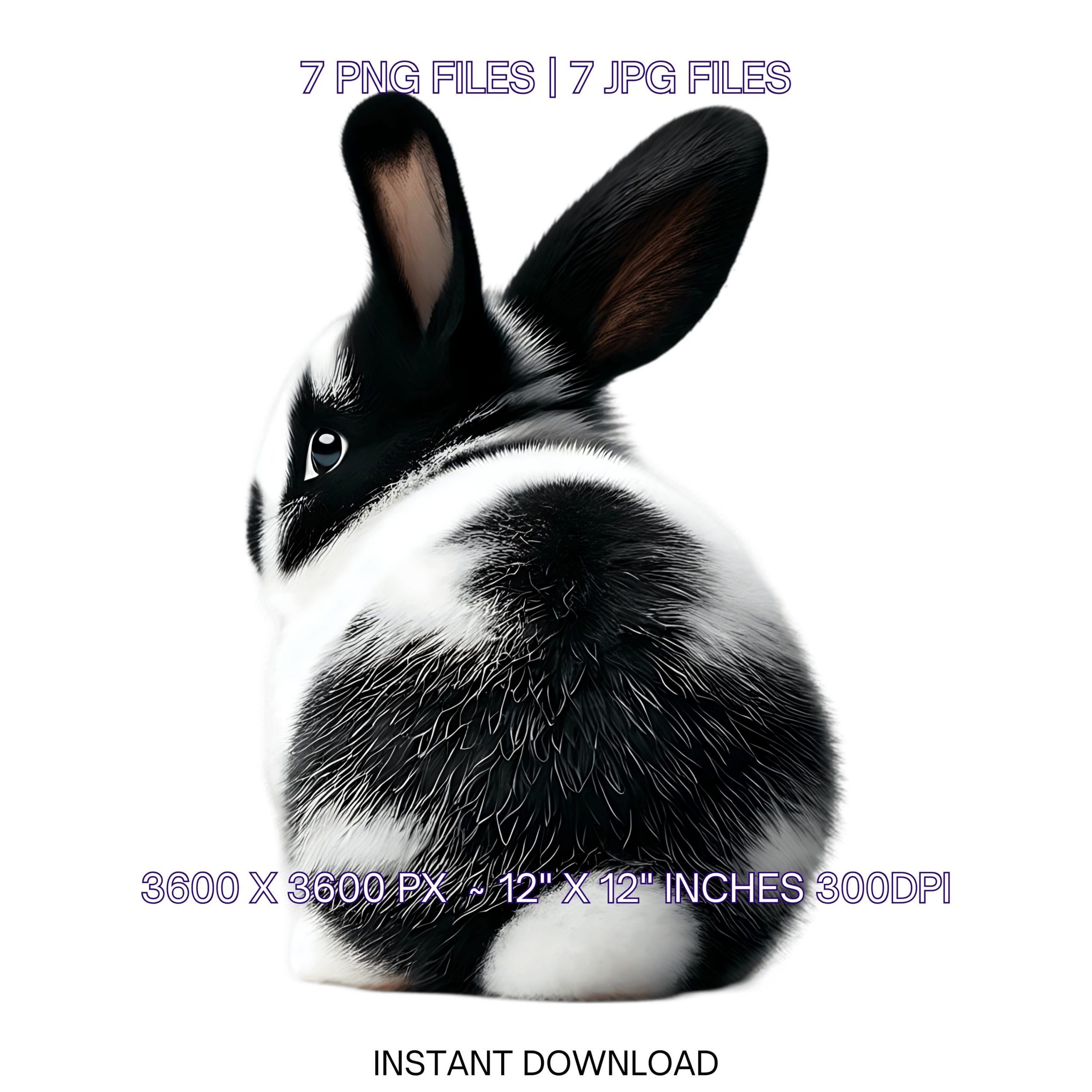 Cute Watercolor Black & White Rabbit Watercolor Clipart PNG | 7 Spring Easter Funny Bunny Graphic Illustration Sublimation | Commercial Use – Instant Digital Download
