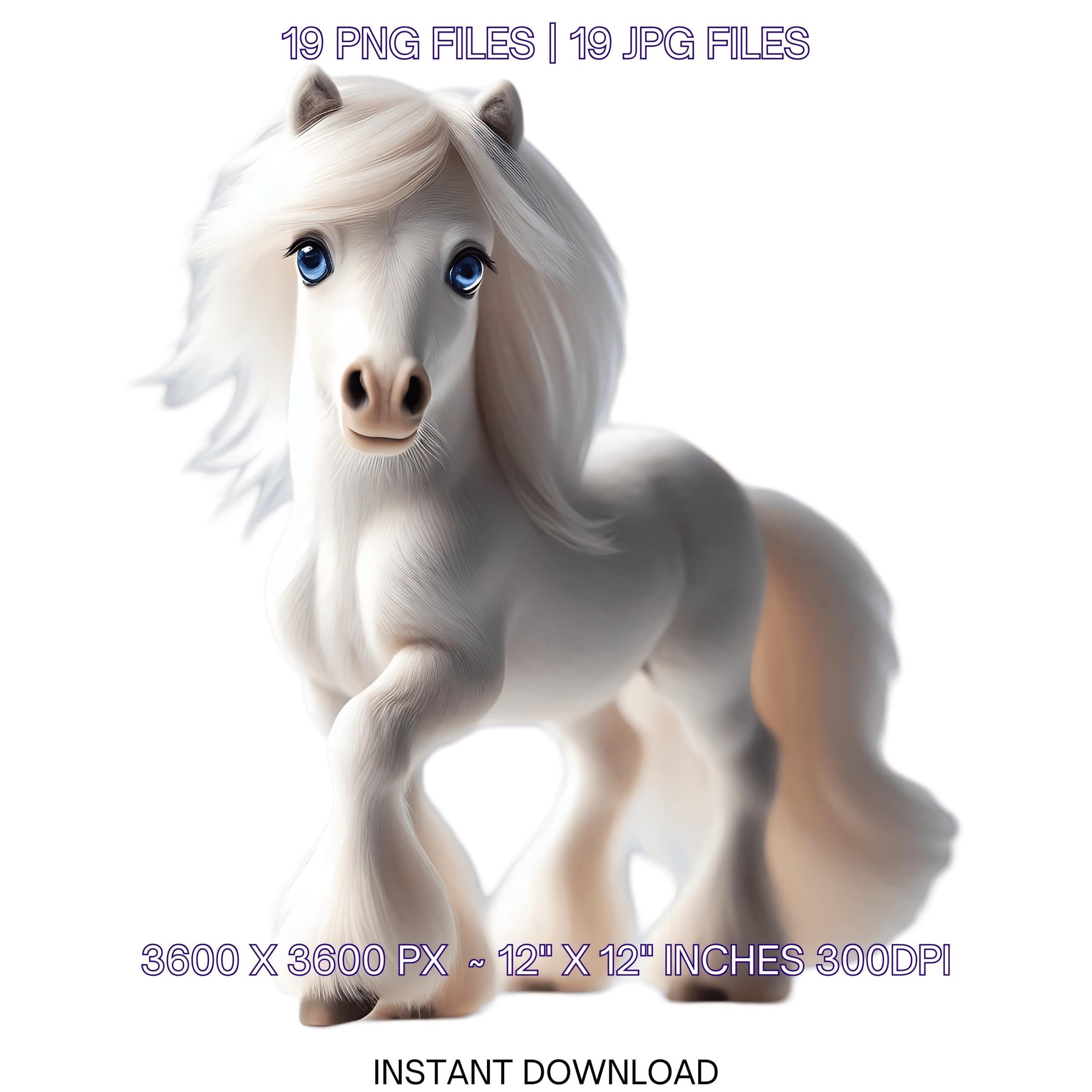 Miniature White Horse Clipart | Watercolor Pony Farm Animal Set | 19 PNG & 19 JPG for Card Making, Scrapbooking, Sublimation, Commercial Use – Instant Digital Download