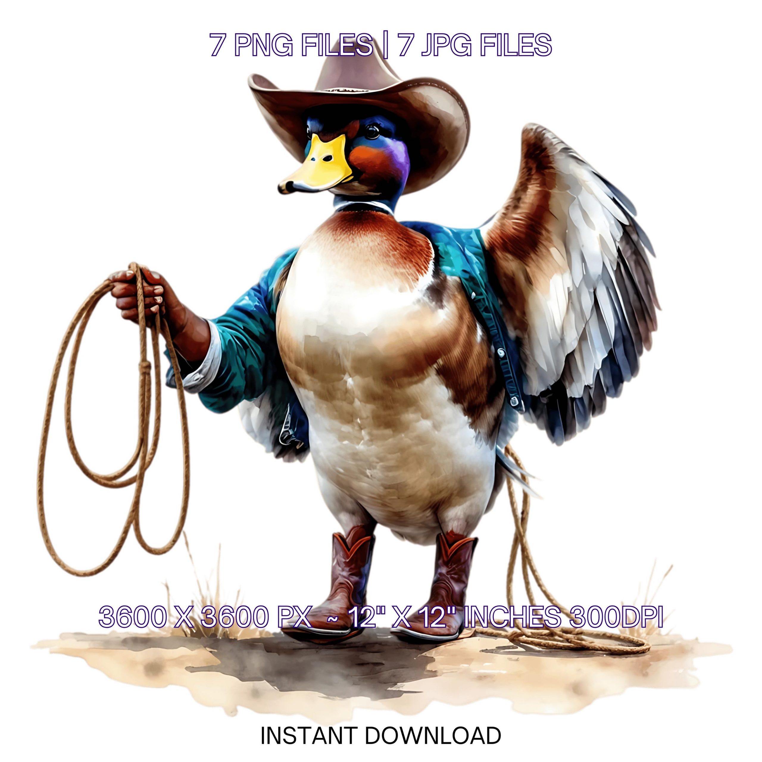 Cowboy Duck Clipart | 5 PNG 5 JPG Watercolor Ducks with Hat, Boots & Lasso | Western Duck Art for Boys | Sublimation, Commercial Use – Instant Digital Download