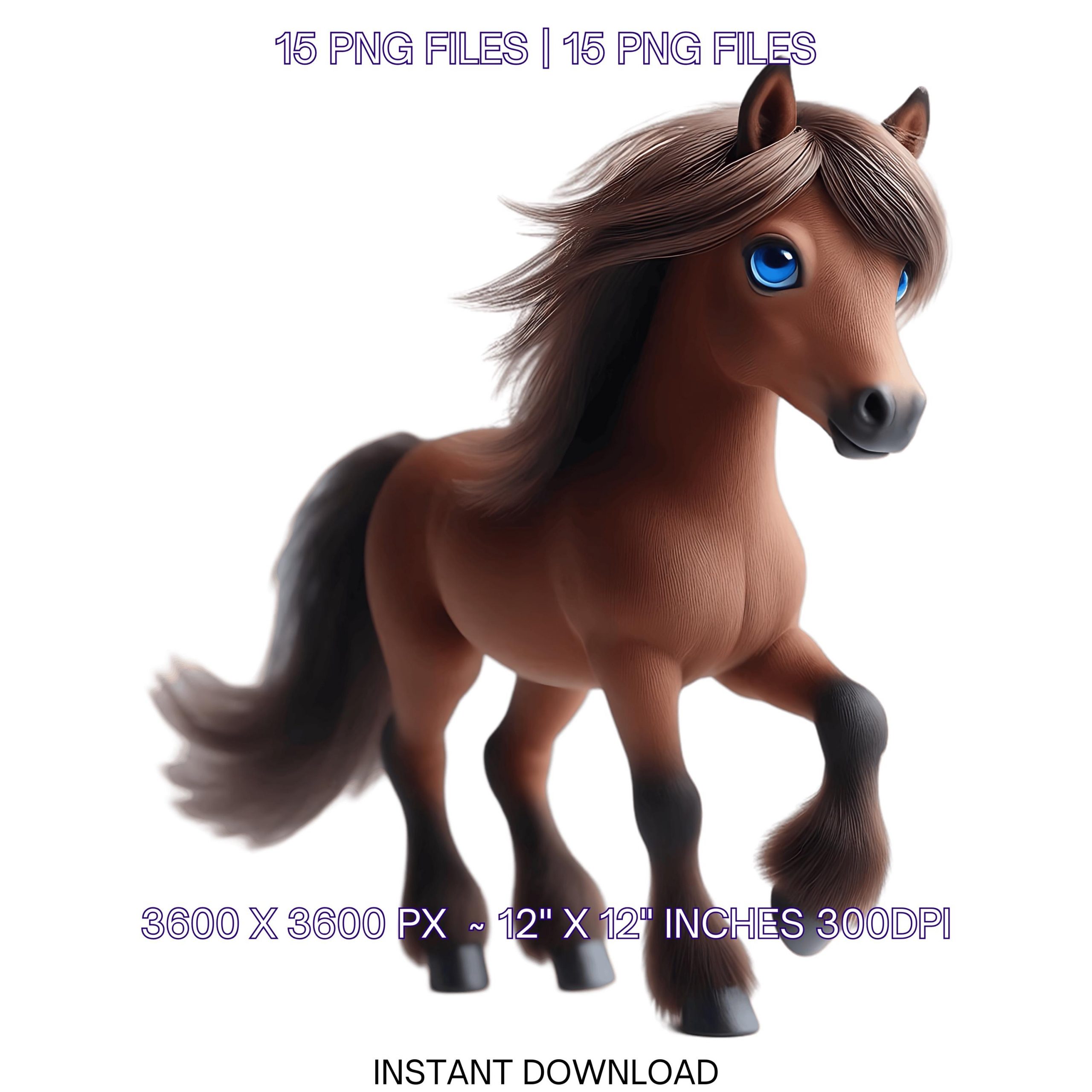 Miniature Brown Horse Clipart | Watercolor Pony Farm Animal Set | 15 PNG & 15 JPG for Card Making, Scrapbooking, Sublimation, Commercial Use – Instant Digital Download