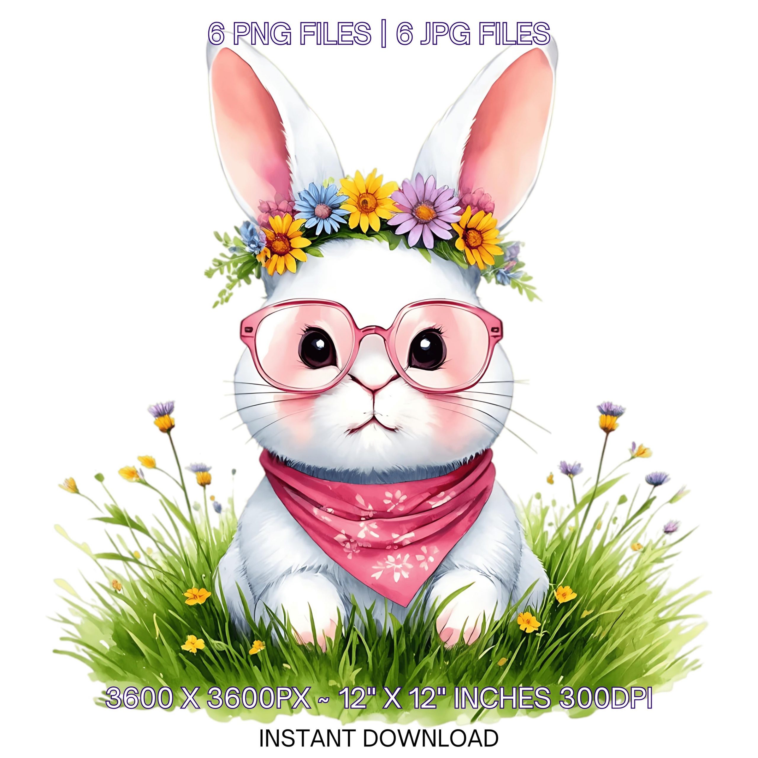 6 Little Rabbit Wearing Pink Glasses, Pink Bandana & Spring Wildflowers Headband Watercolor Clipart PNG | Funny Cute Bunny | Commercial Use – Instant Digital Download