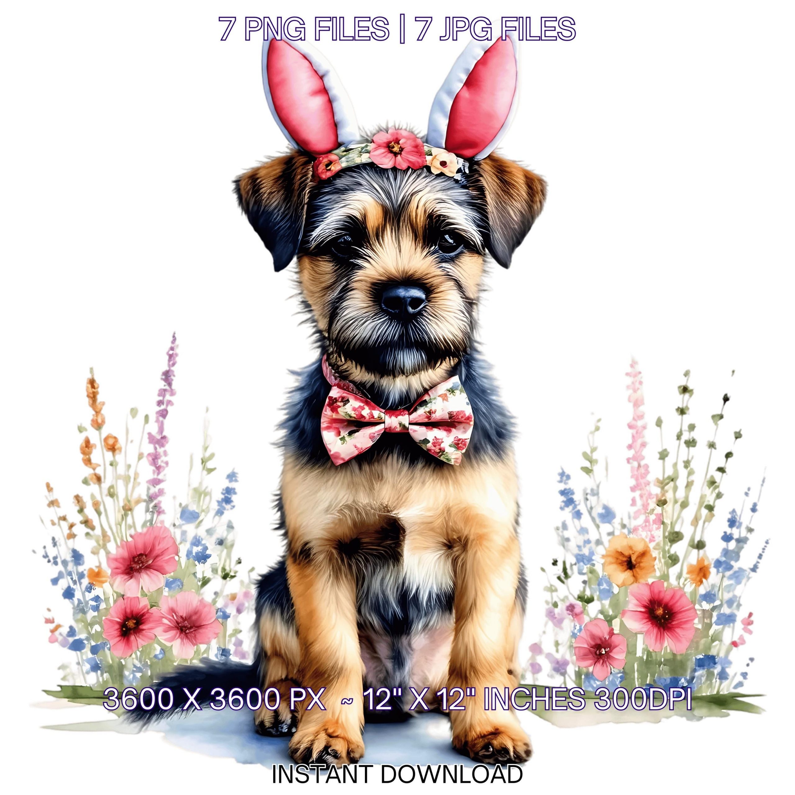 Easter Border Terrier Dog Wearing Floral Bow & Bunny Ear Handband Ready for Easter Egg Hunting Clipart PNG | 7 Dog Lover Commercial Use – Instant Digital Download