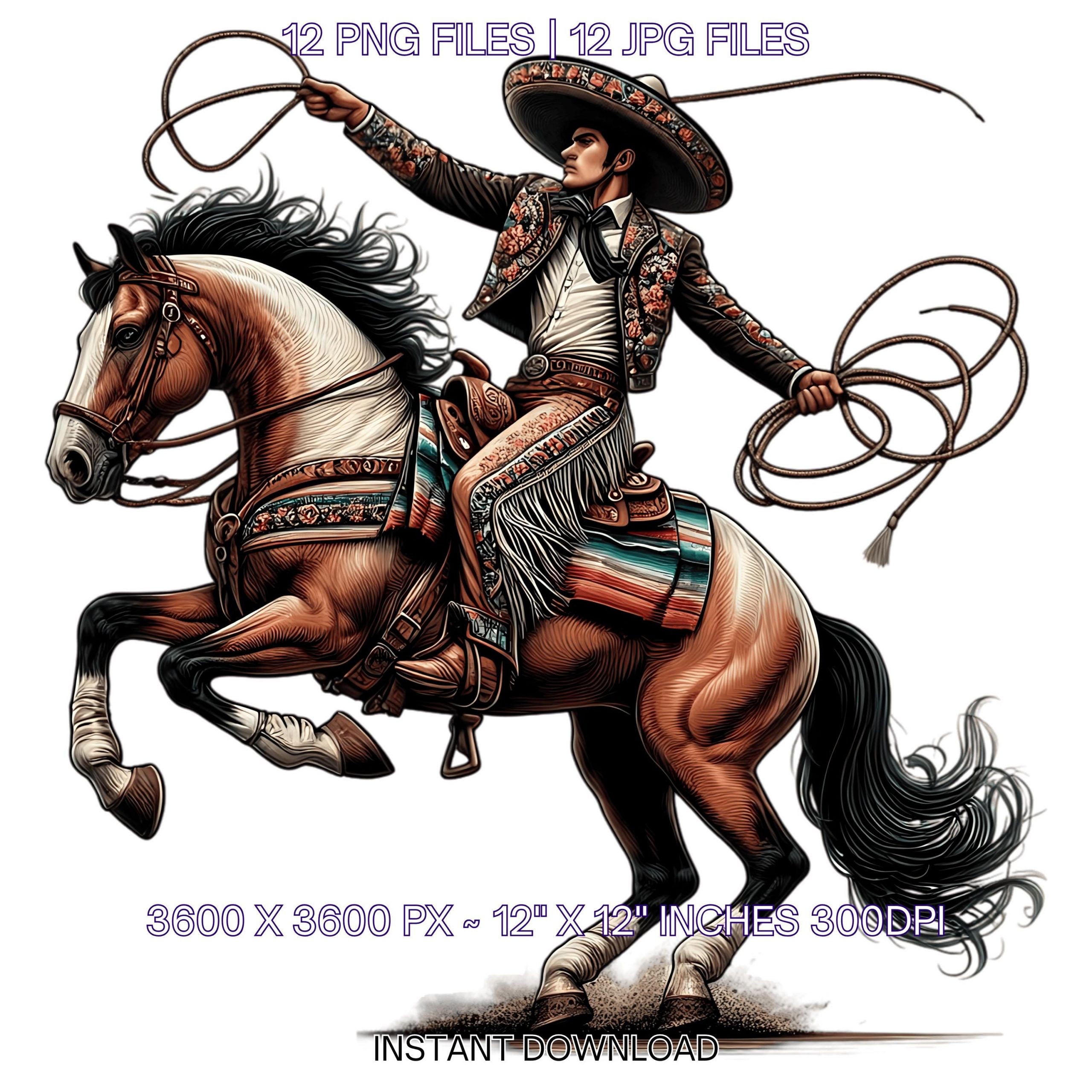 Mexican Cowboy Riding a Horse Clipart PNG | 12 Mexican Wearing Cowboy Hat & Boots, holding a Lasso in His Hand for Boys | Commercial Use – Instant Digital Download