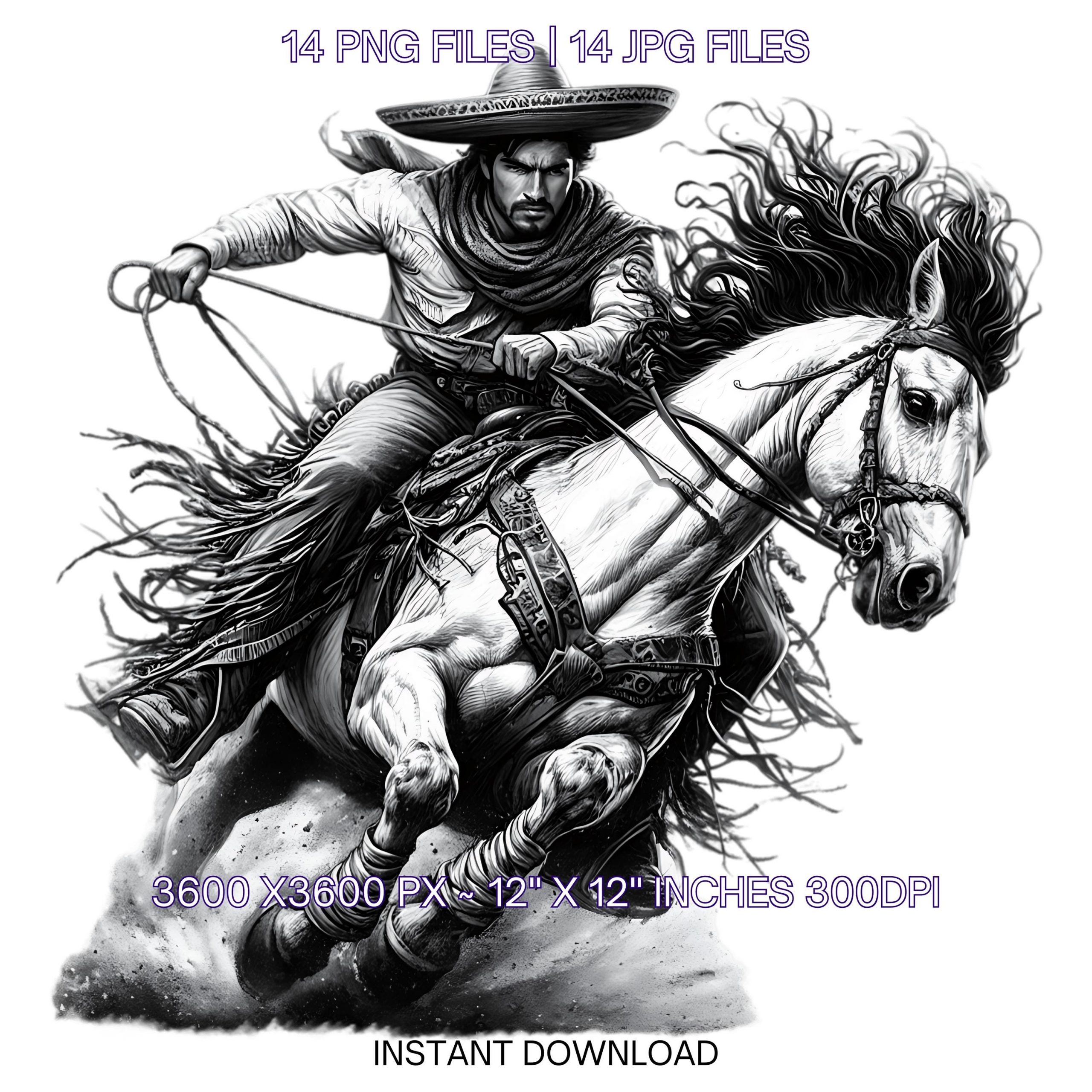 Watercolor Mexican Cowboy Riding a Horse Clipart PNG | 14 Mexican Holding a Lasso in His Hand for Boys | Sublimation Hi-Res Commercial Use – Instant Digital Download