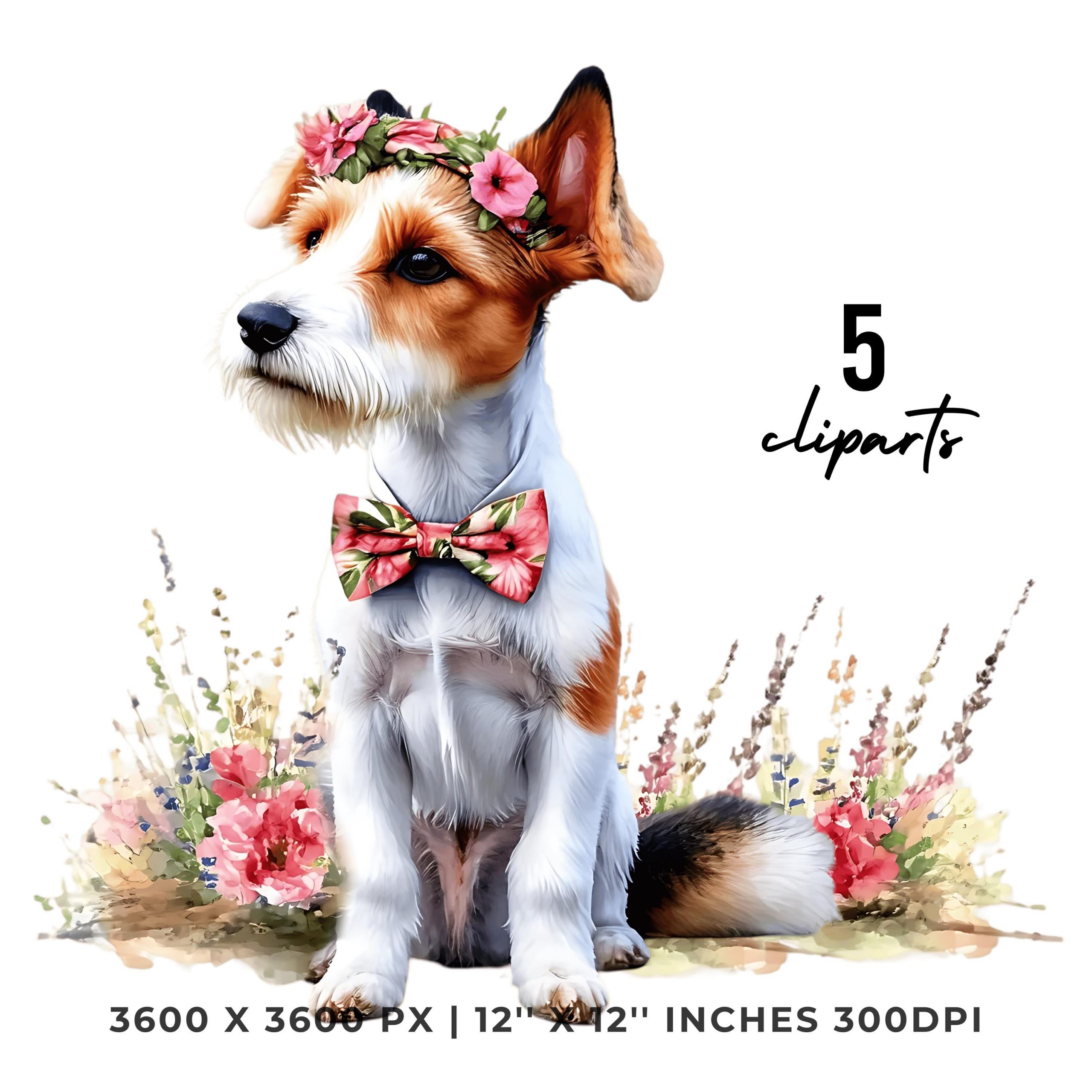 Easter Fox Terrier Dog Wearing Floral Bow & Bunny Ear Handband Ready for Easter Egg Hunting Clipart PNG | 5 Dog Lover Commercial Use – Instant Digital Download