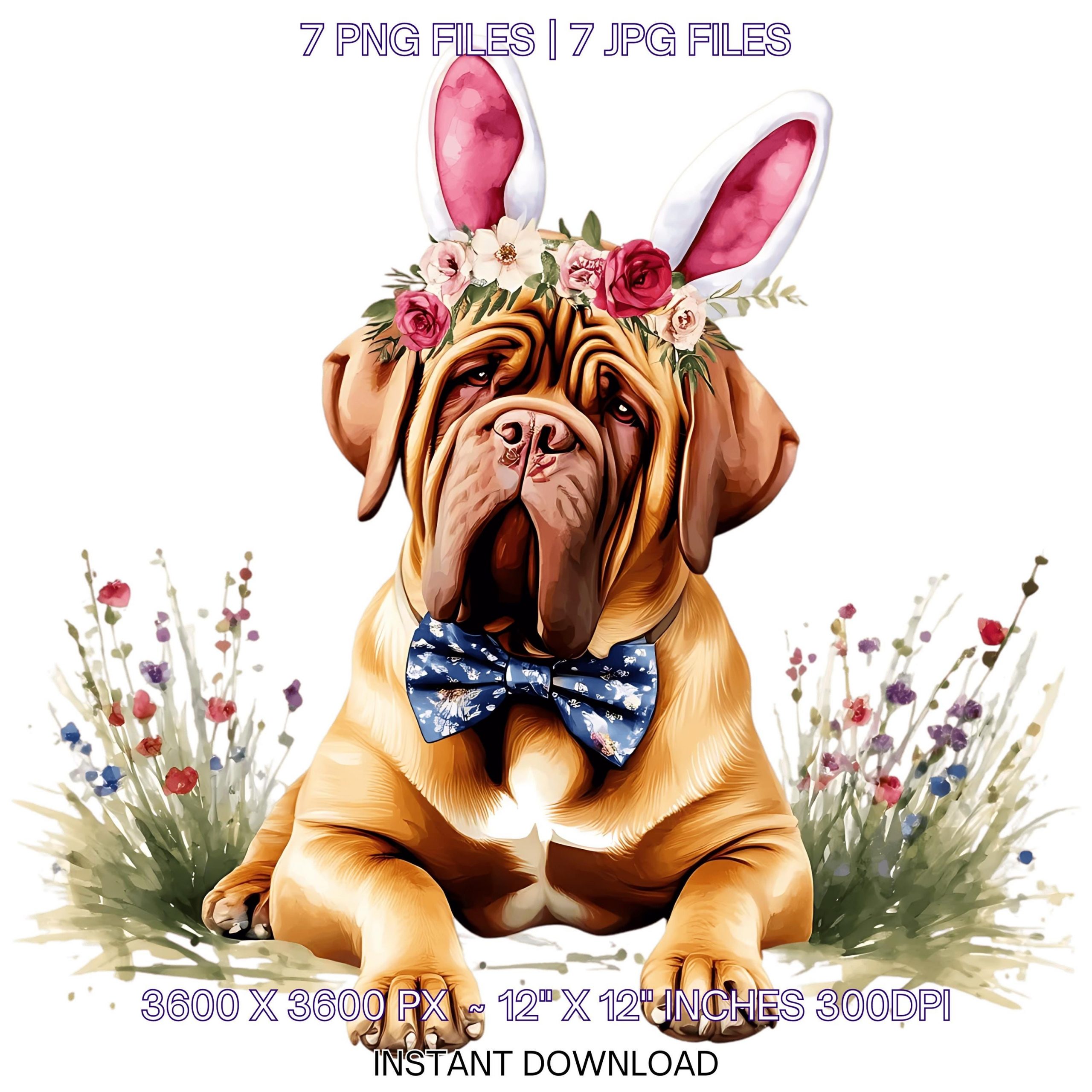 Easter Dogue De Bordeaux Dog Wearing Floral Bow & Bunny Ear Handband Ready for Easter Egg Hunting Clipart PNG | 7 Dog Lover Commercial Use – Instant Digital Download