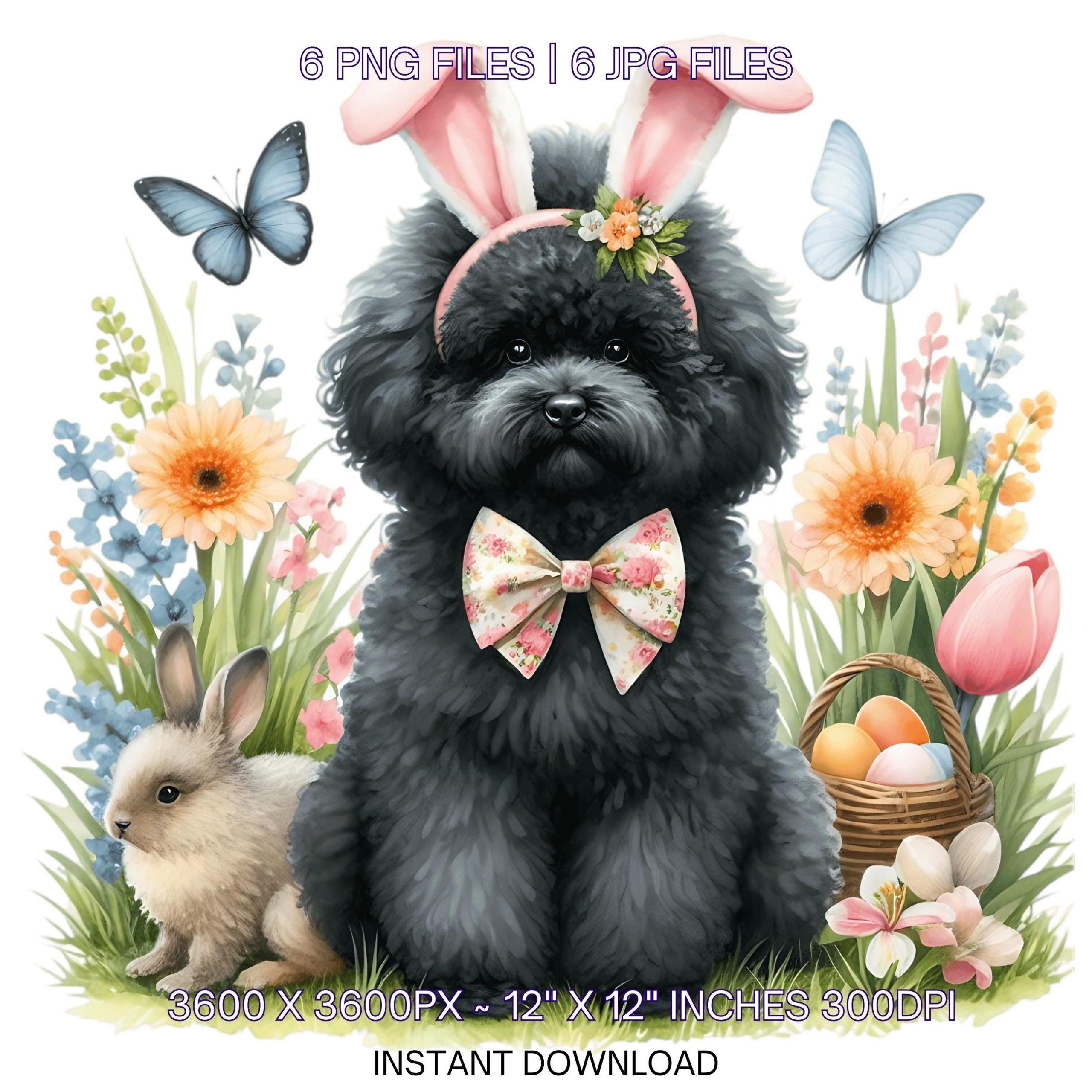 Easter Puli Dog Wearing Floral Bow & Bunny Ear Handband Ready for Easter Egg Hunting Clipart PNG, 6 Dog Lover Commercial Use – Instant Digital Download
