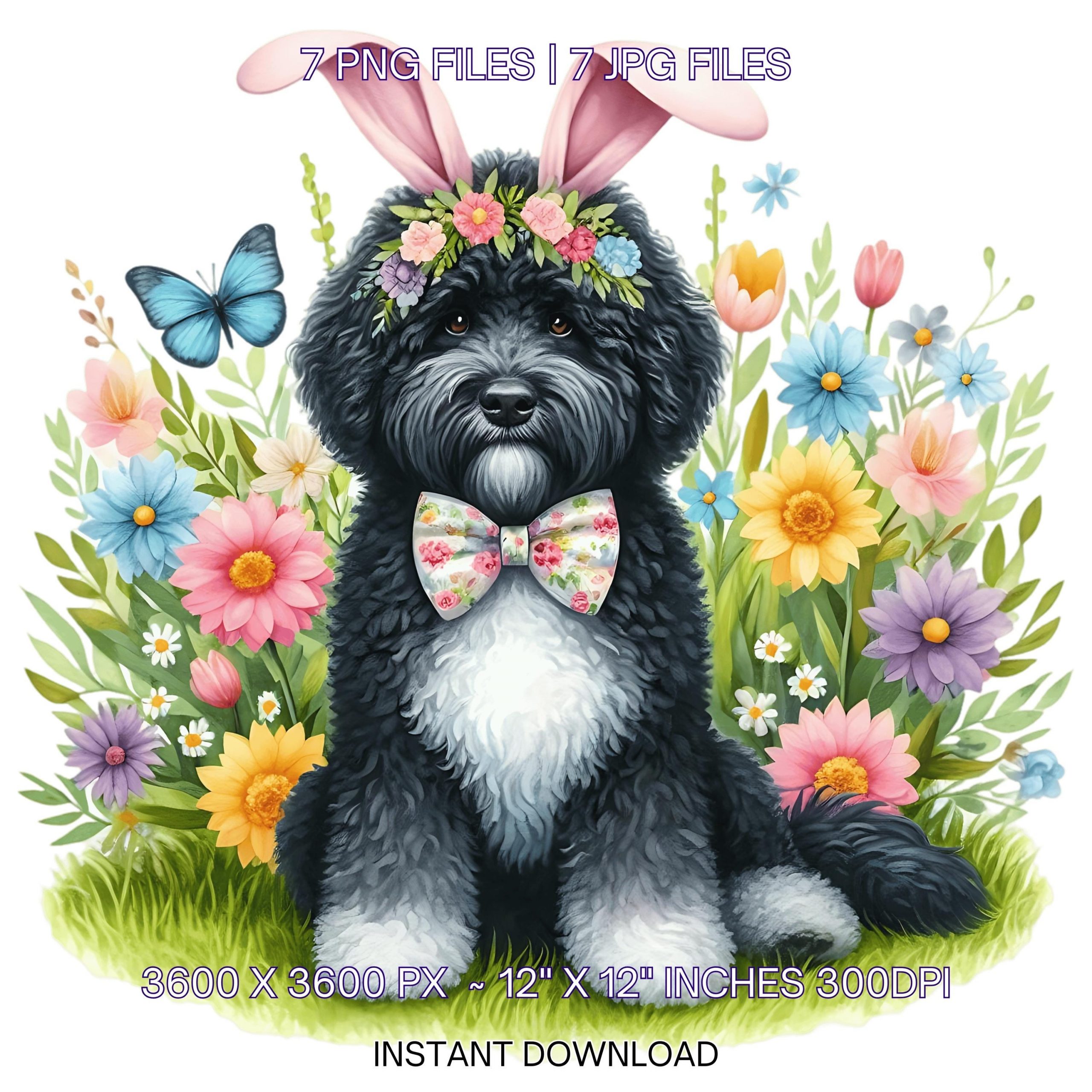 Easter Portuguese Water Dog Wearing Floral Bow & Bunny Ear Handband Ready for Easter Egg Hunting Clipart PNG, 7 Dog Lover Commercial Use – Instant Digital Download