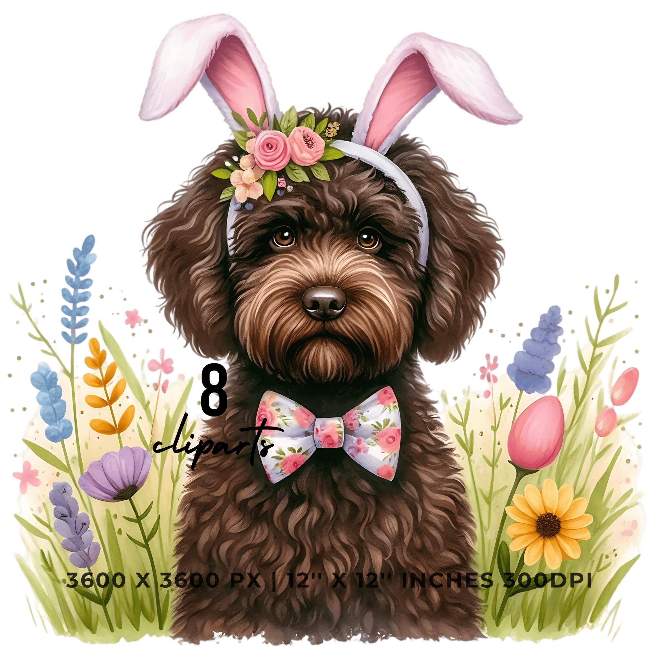 Brown Portuguese Water Dog Wearing Floral Bow & Bunny Ear Handband Ready for Easter Egg Hunting Clipart PNG, 8 Dog Lover Commercial Use – Instant Digital Download