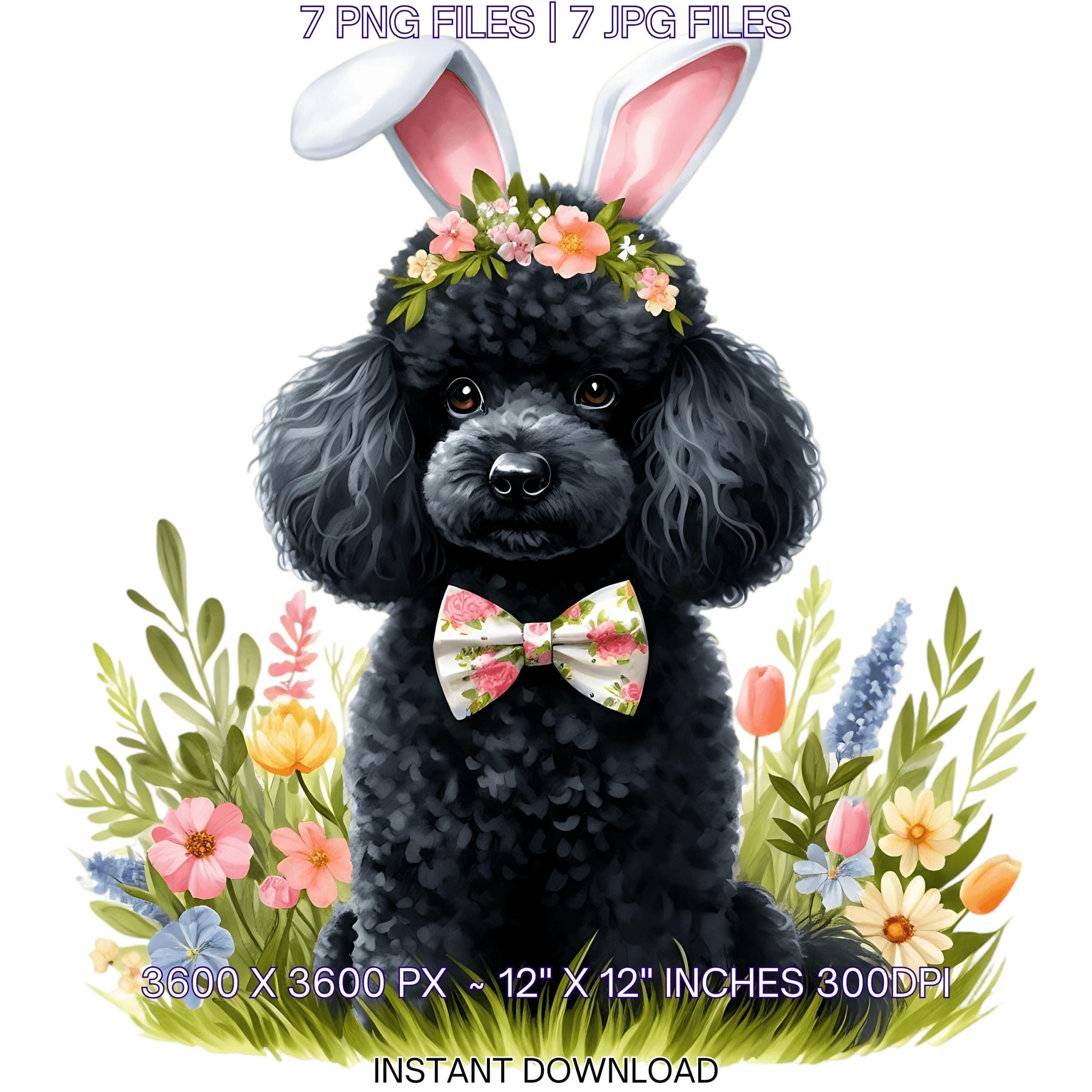 Easter Black Poodle Dog Wearing Floral Bow & Bunny Ear Handband Ready for Easter Egg Hunting Clipart PNG, 8 Dog Lover Commercial Use – Instant Digital Download