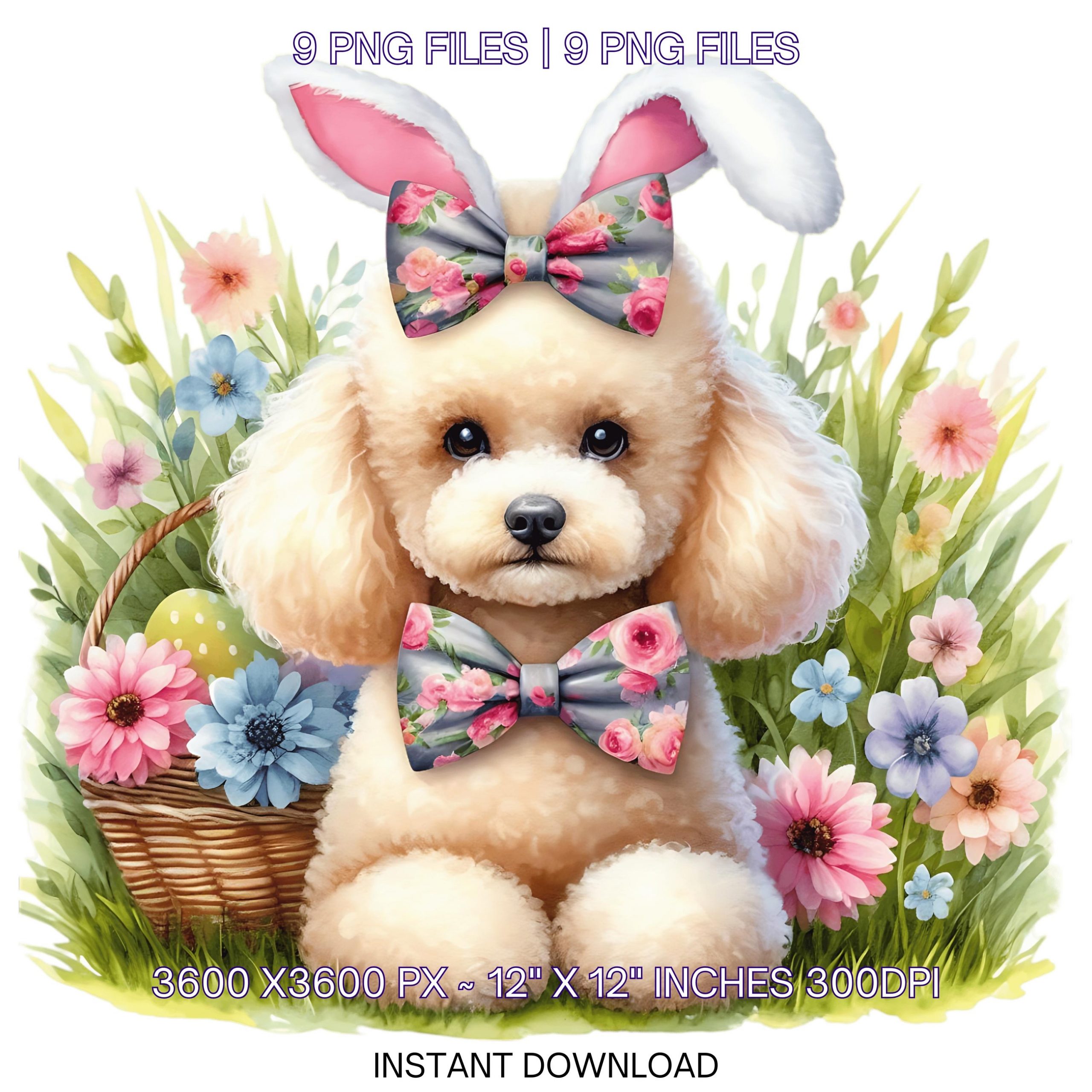 Easter White Poodle Dog Wearing Floral Bow & Bunny Ear Handband Ready for Easter Egg Hunting Clipart PNG, 9 Dog Lover Commercial Use – Instant Digital Download