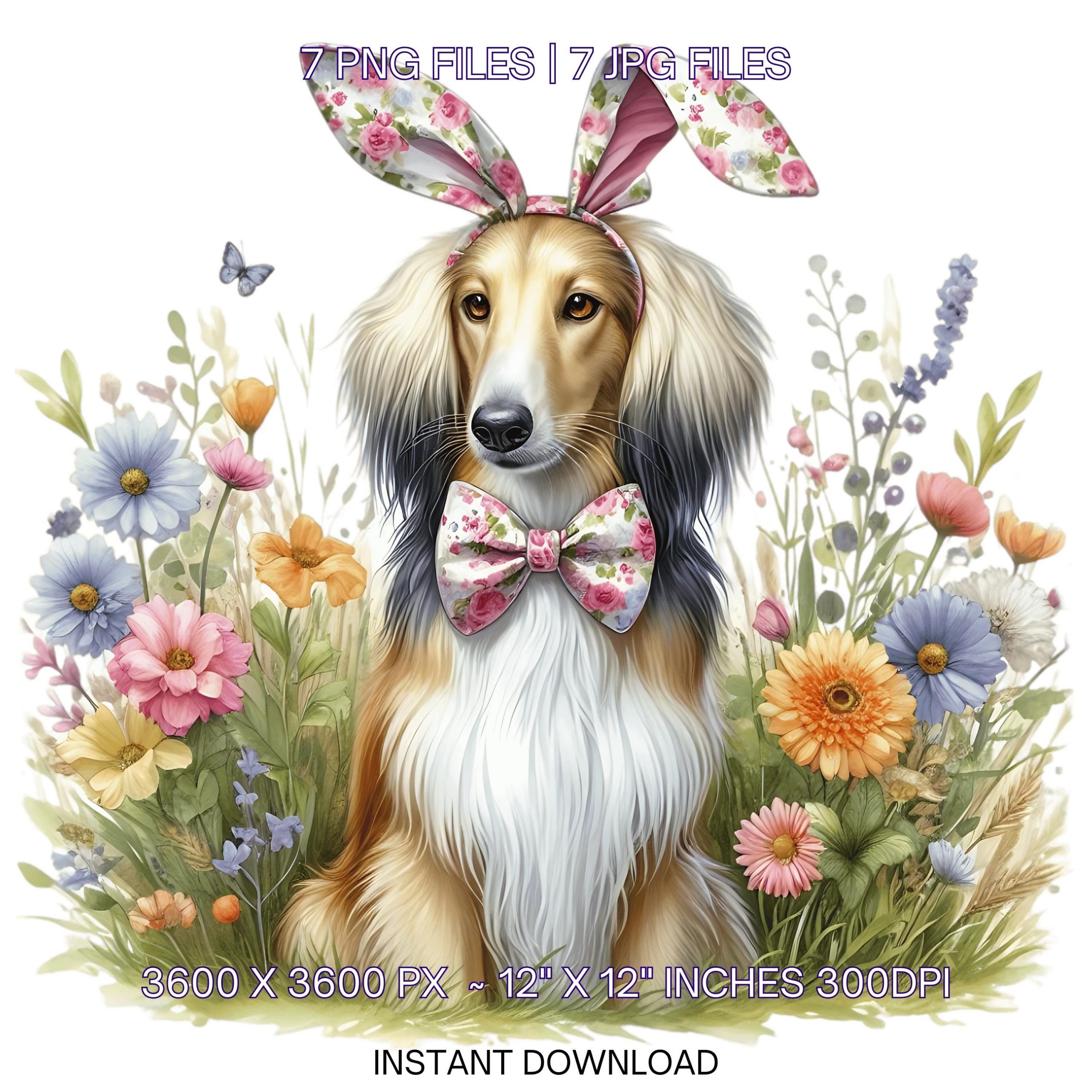 Easter Saluki Dog Wearing Floral Bow & Bunny Ear Handband Ready for Easter Egg Hunting Clipart PNG, 9 Dog Lover Commercial Use – Instant Digital Download