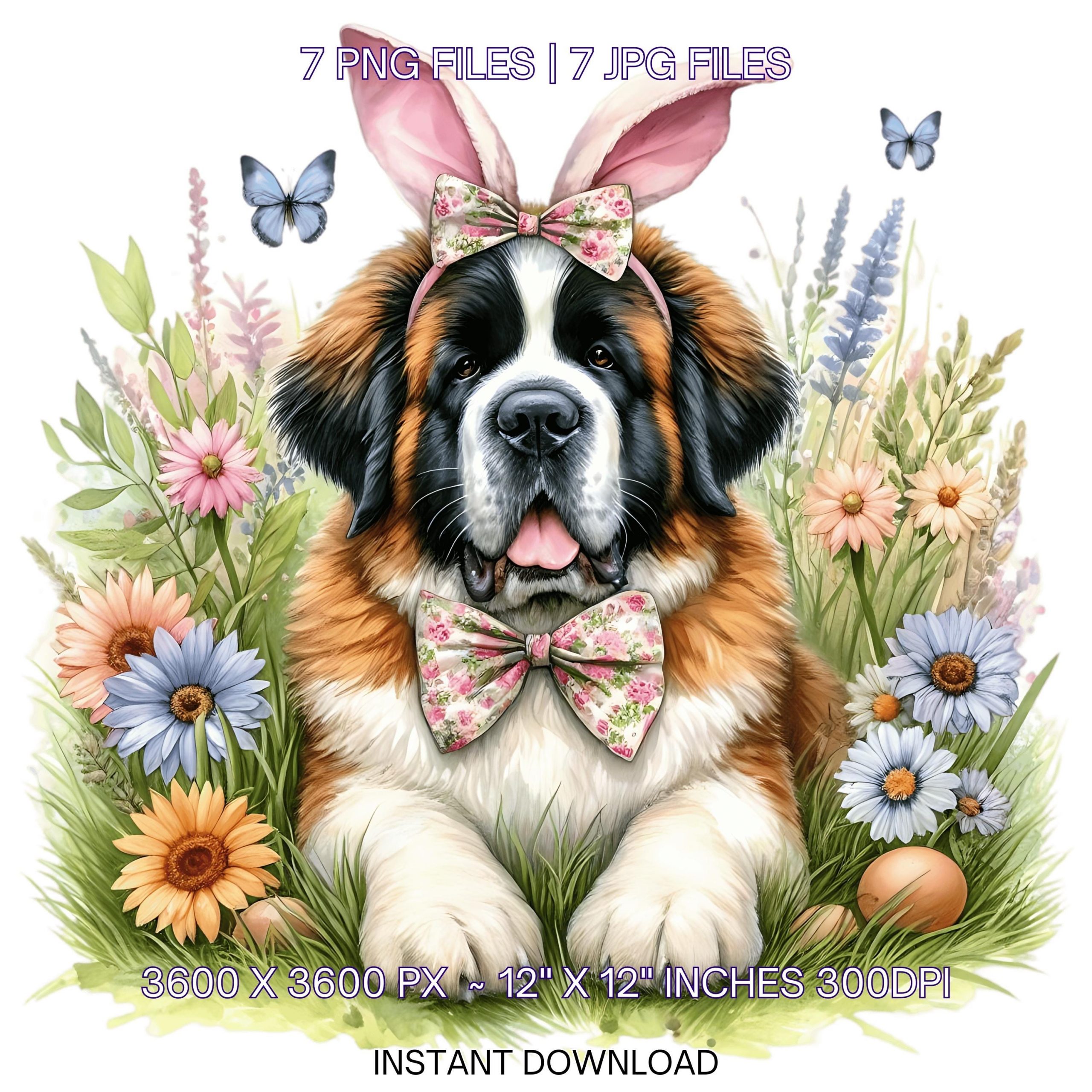 Easter Saint Bernard Dog Wearing Floral Bow & Bunny Ear Handband Ready for Easter Egg Hunting Clipart PNG, 7 Dog Lover Commercial Use – Instant Digital Download