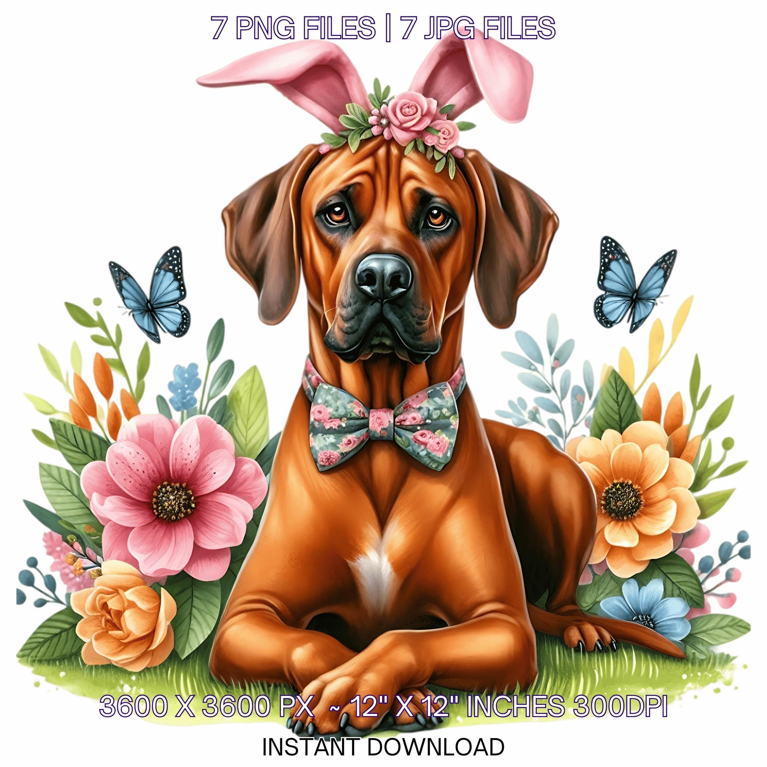 Easter Rhodesian Ridgeback Dog Wearing Floral Bow & Bunny Ear Handband Ready for Easter Egg Hunting Clipart PNG, 7 Dog Lover Commercial Use – Instant Digital Download