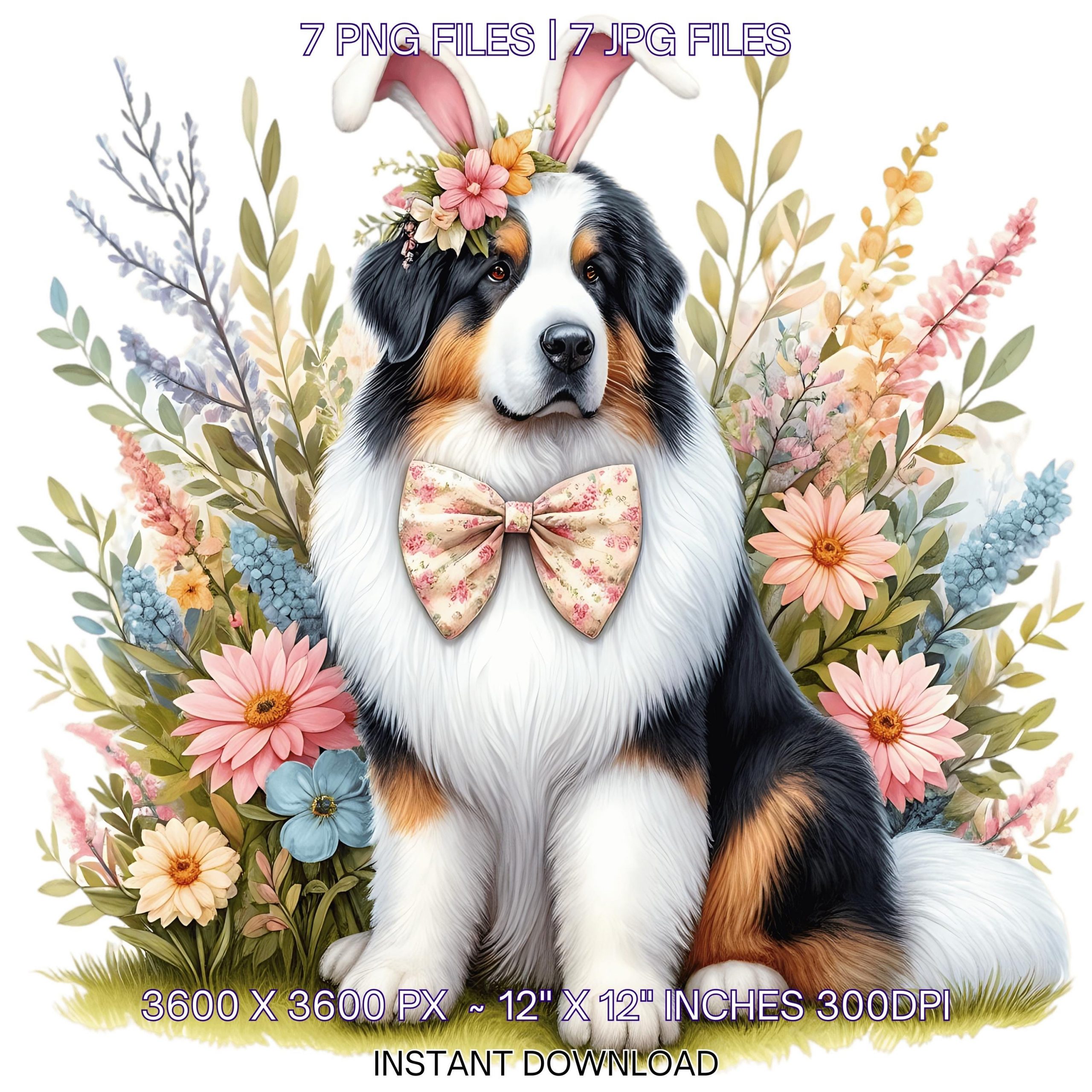 Easter Pyrenean Mountain Dog Wearing Floral Bow & Bunny Ear Handband Ready for Easter Egg Hunting Clipart PNG, 7 Dog Lover Commercial Use – Instant Digital Download