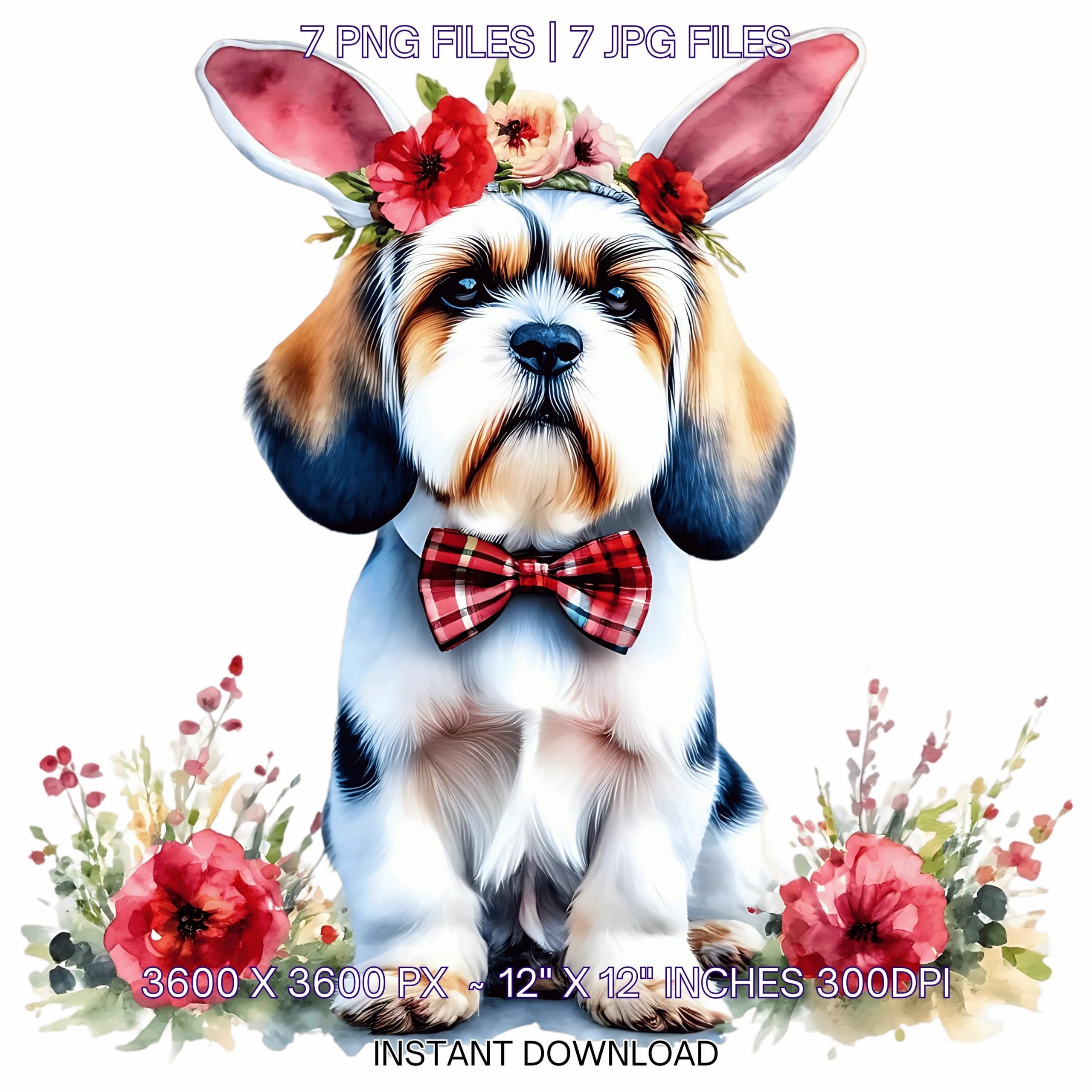 Petit Basset Griffon Vendéen Dog Wearing Floral Bow & Bunny Ear Handband Ready for Easter Egg Hunting Clipart PNG, 7 Dog Lover Commercial – Instant Digital Download