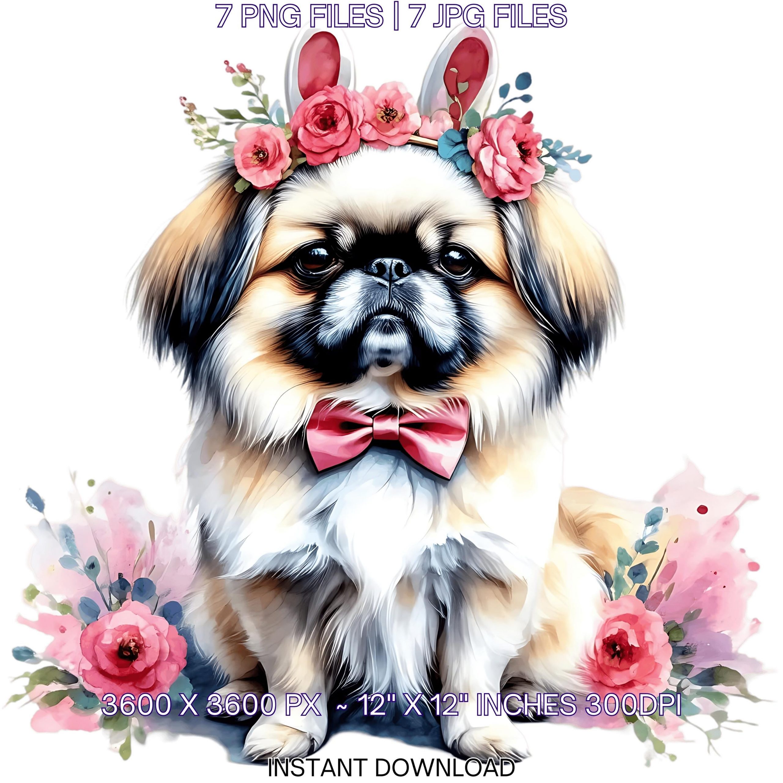 Easter Pekingese Dog Wearing Floral Bow & Bunny Ear Handband Ready for Easter Egg Hunting Clipart PNG, 7 Dog Lover Commercial – Instant Digital Download