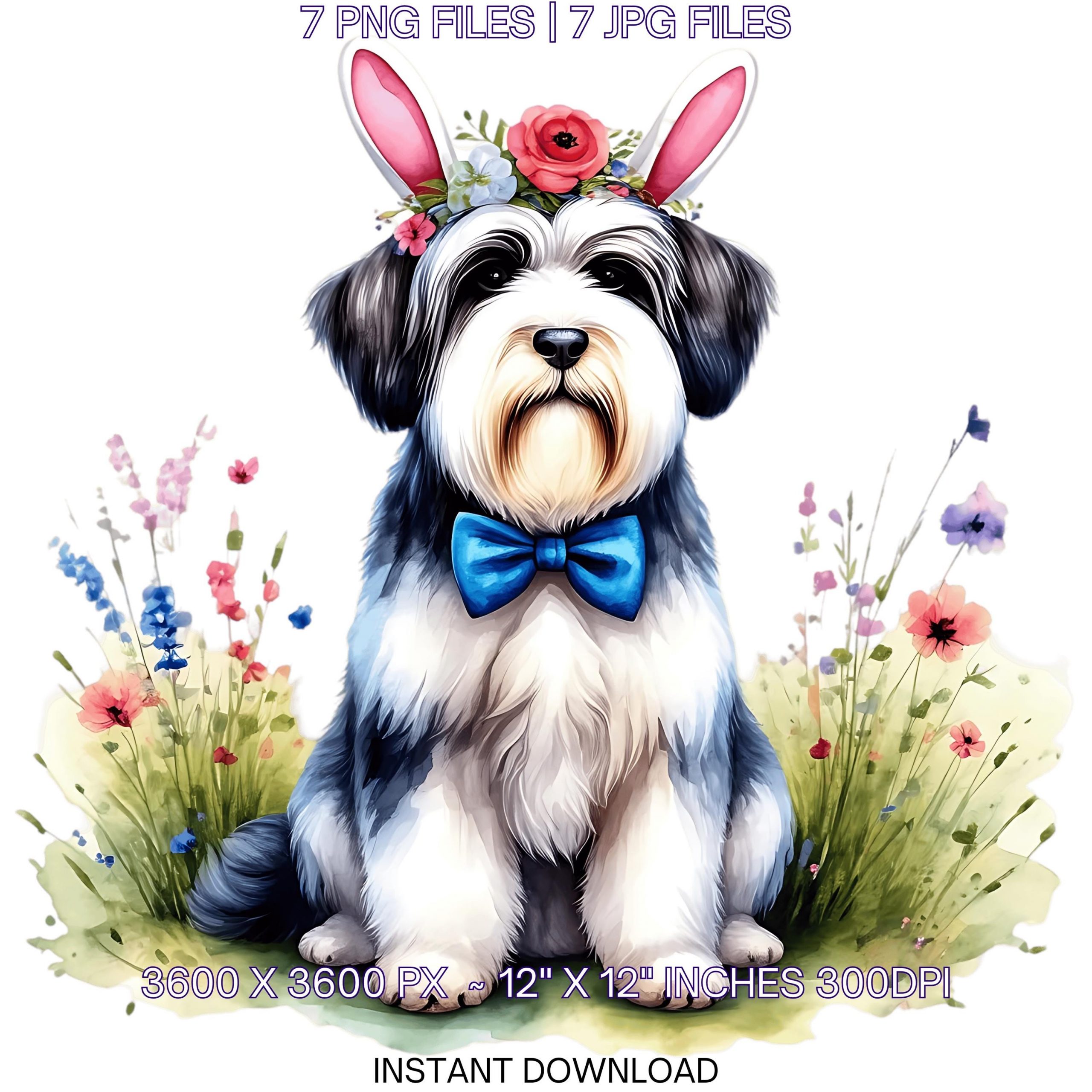 Easter Old English Sheep Dog Wearing Floral Bow & Bunny Ear Handband Ready for Easter Egg Hunting Clipart PNG, 7 Dog Lover Commercial – Instant Digital Download