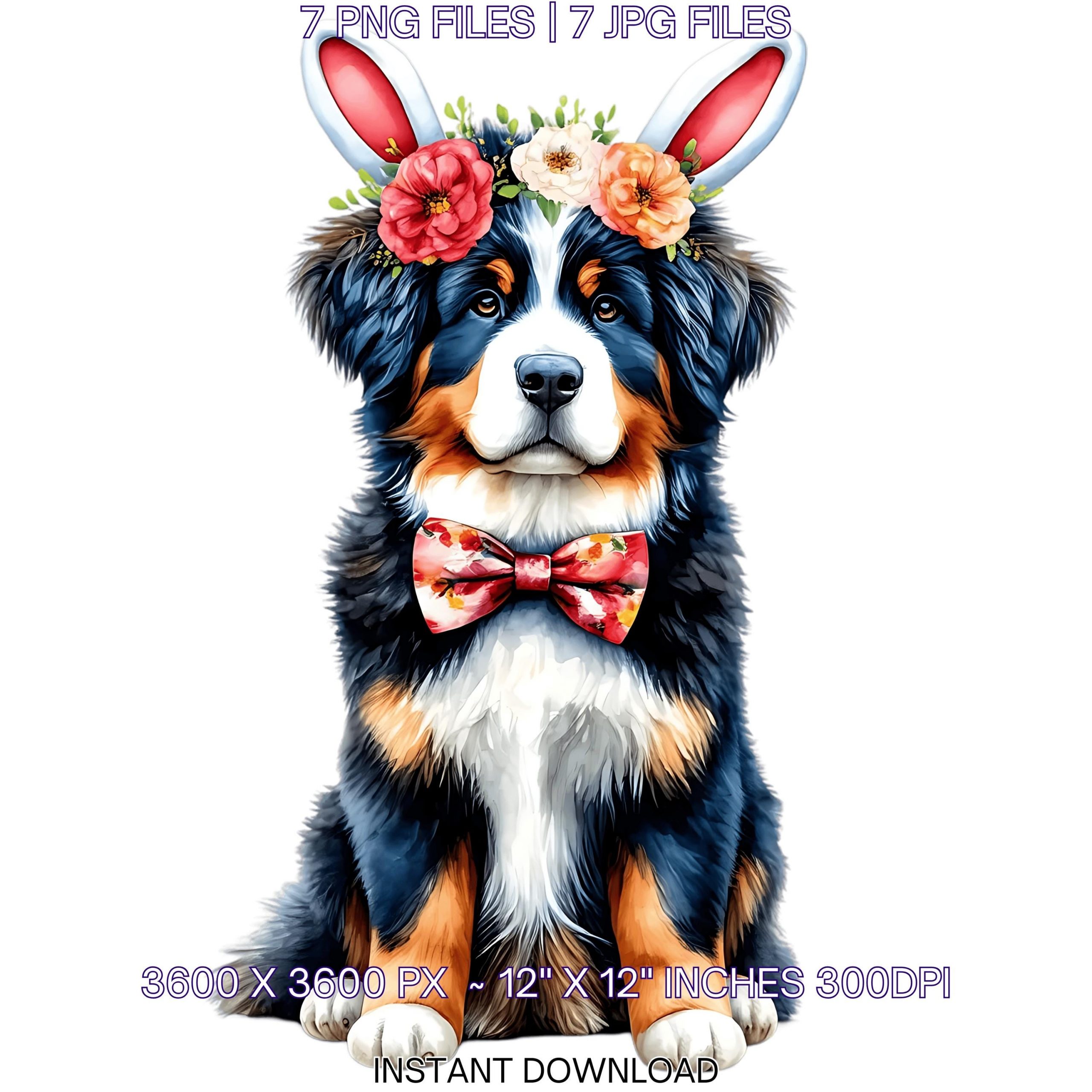 Easter Bernese Mountain Dog Wearing Floral Bow & Bunny Ear Handband Ready for Easter Egg Hunting Clipart PNG, 7 Dog Lover Commercial – Instant Digital Download