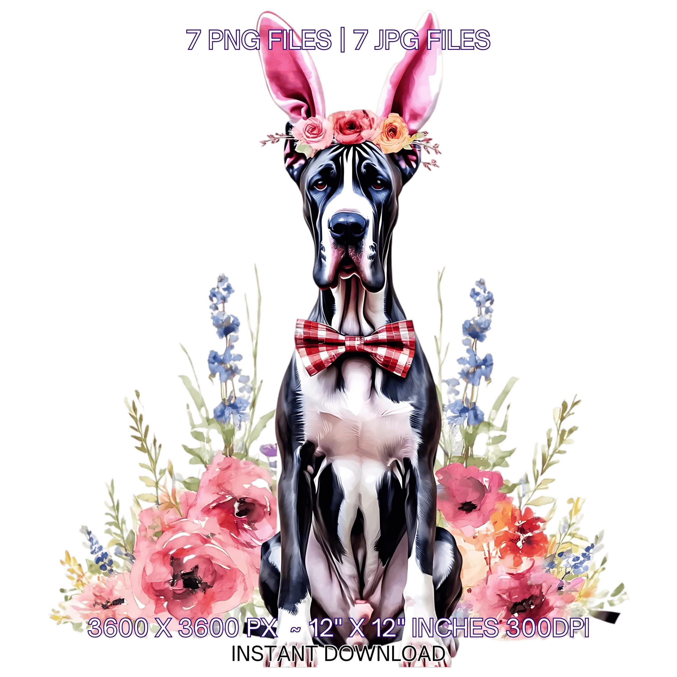 Easter Great Dane Dog Wearing Floral Bow & Bunny Ear Handband Ready for Easter Egg Hunting Clipart PNG, 7 Dog Lover Commercial – Instant Digital Download