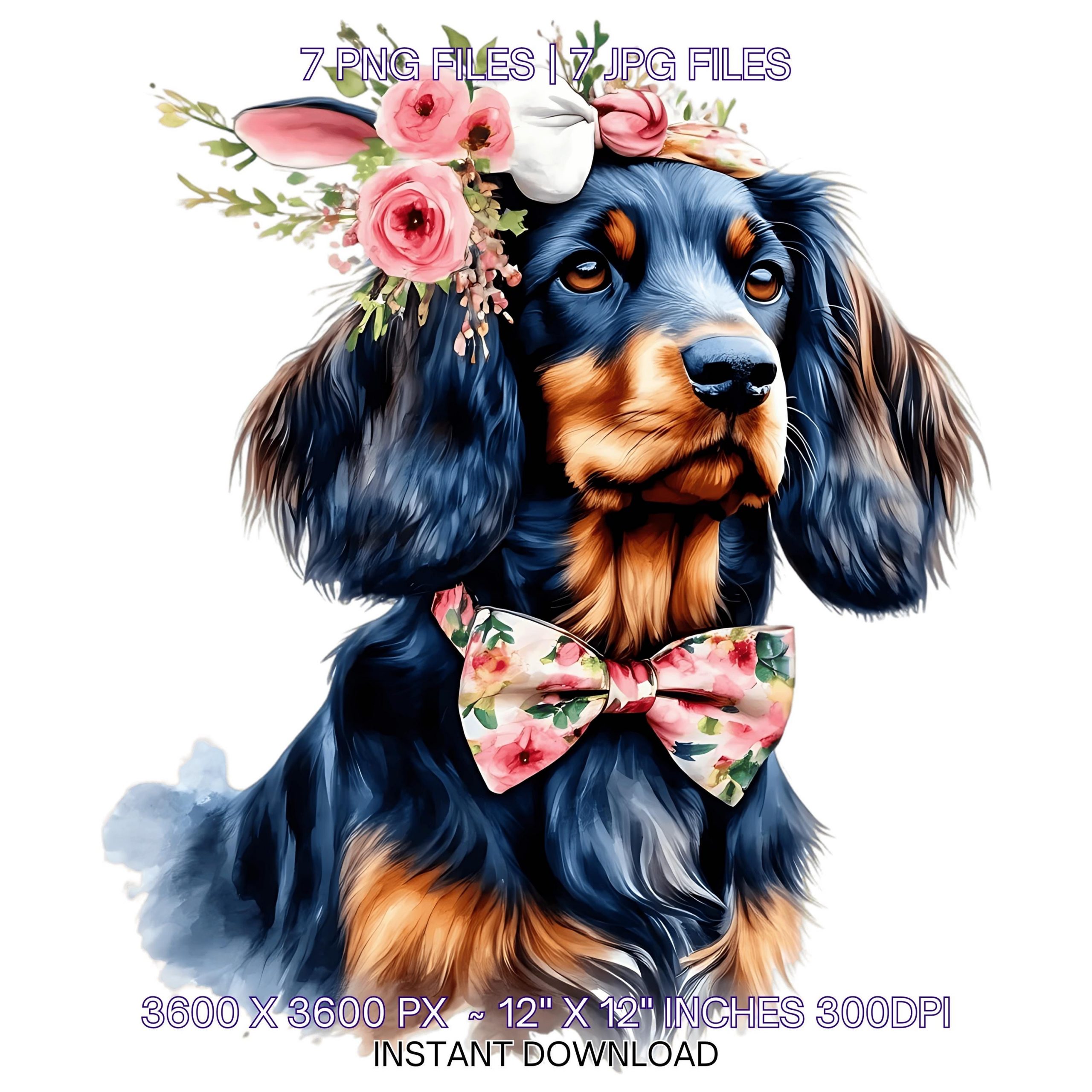 Easter Gordon Setter Dog Wearing Floral Bow & Bunny Ear Handband Ready for Easter Egg Hunting Clipart PNG, 7 Dog Lover Commercial Use – Instant Digital Download