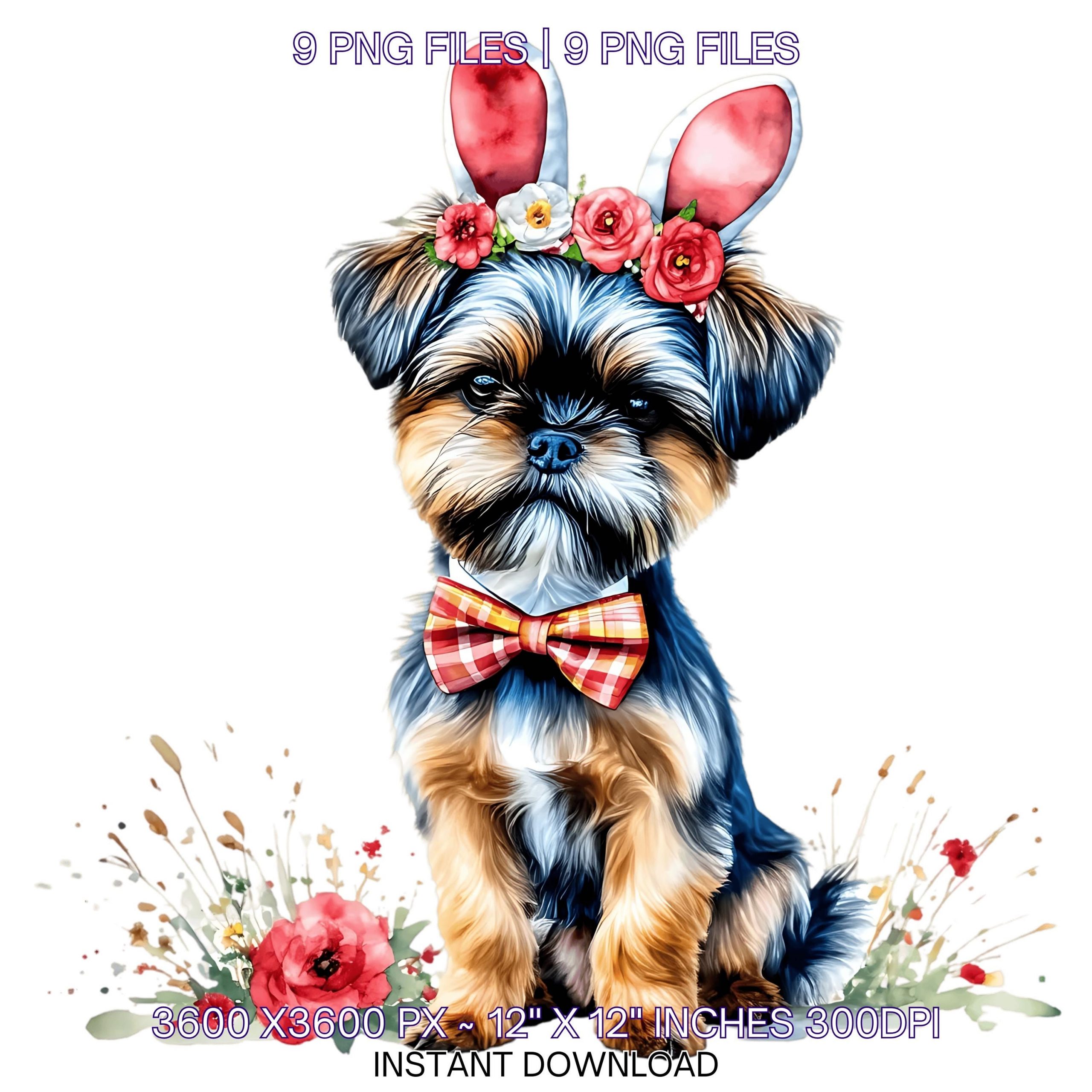 Easter Griffon Bruxellois Dog Wearing Floral Bow & Bunny Ear Handband Ready for Easter Egg Hunting Clipart PNG, 9 Dog Lover Commercial Use – Instant Digital Download