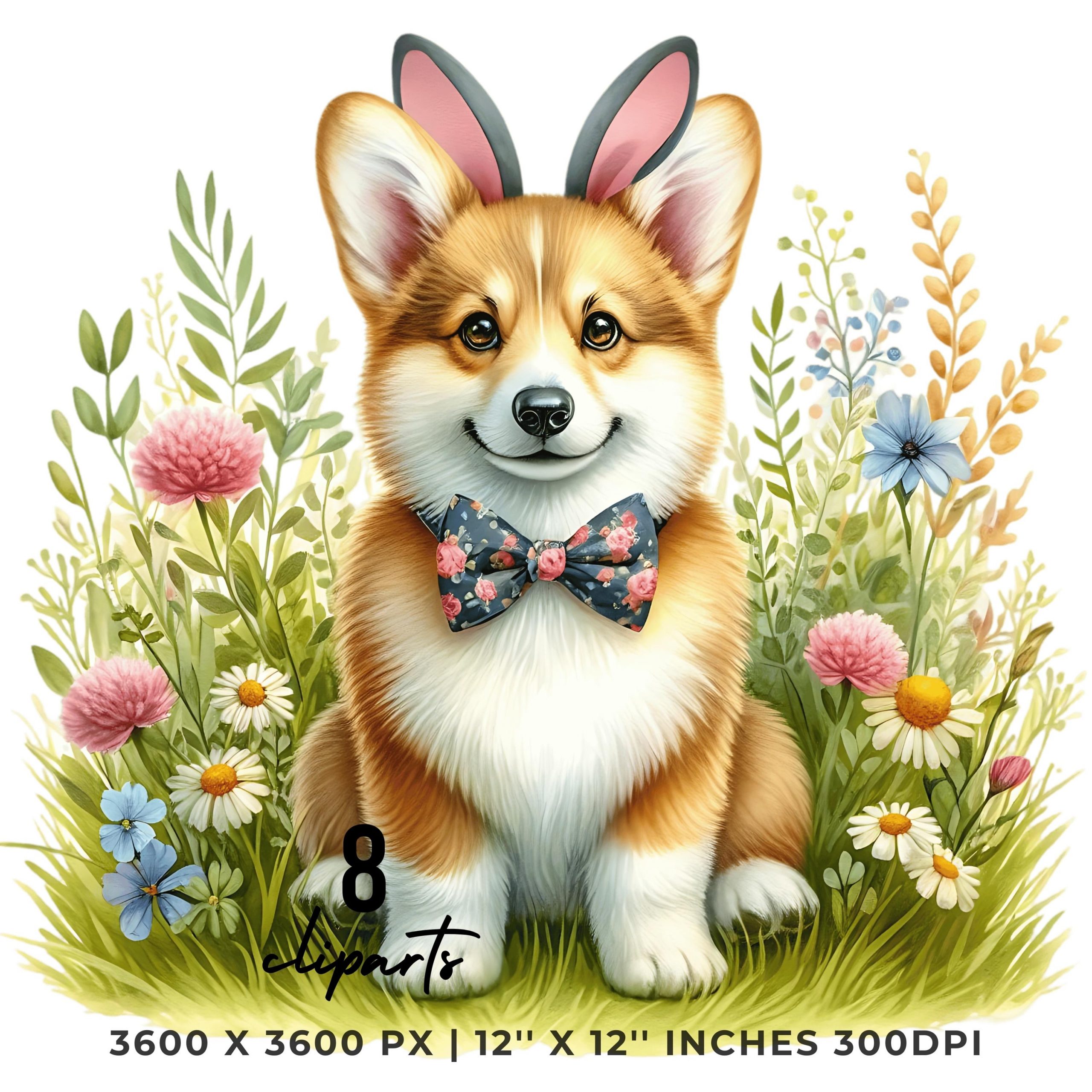 Easter Welsh Corgi Dog Wearing Floral Bow & Bunny Ear Handband Ready for Easter Egg Hunting Clipart PNG, 8 Dog Lover Commercial Use – Instant Digital Download