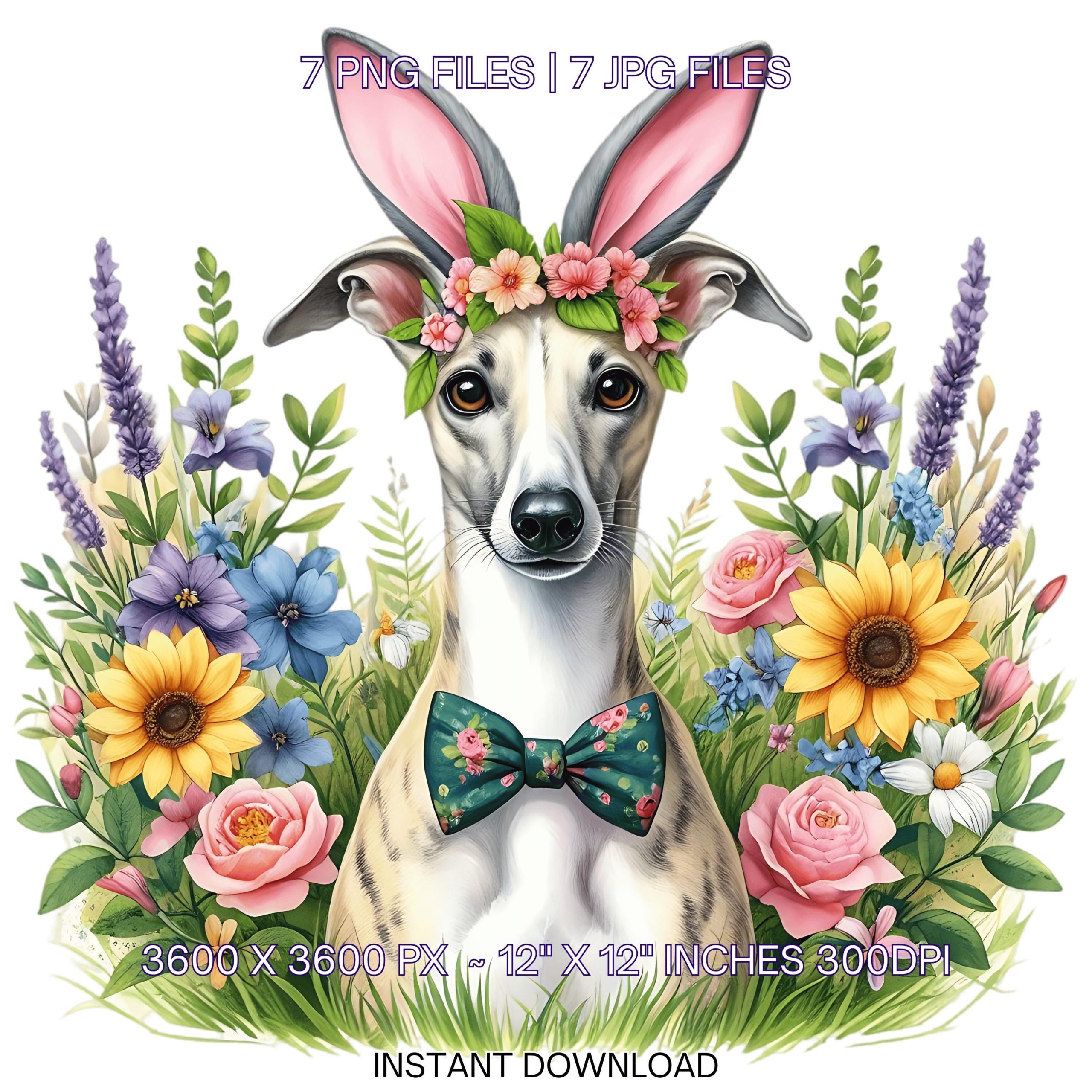 Easter Whippet Dog Wearing Floral Bow & Bunny Ear Handband Ready for Easter Egg Hunting Clipart PNG, 7 Dog Lover Commercial Use – Instant Digital Download
