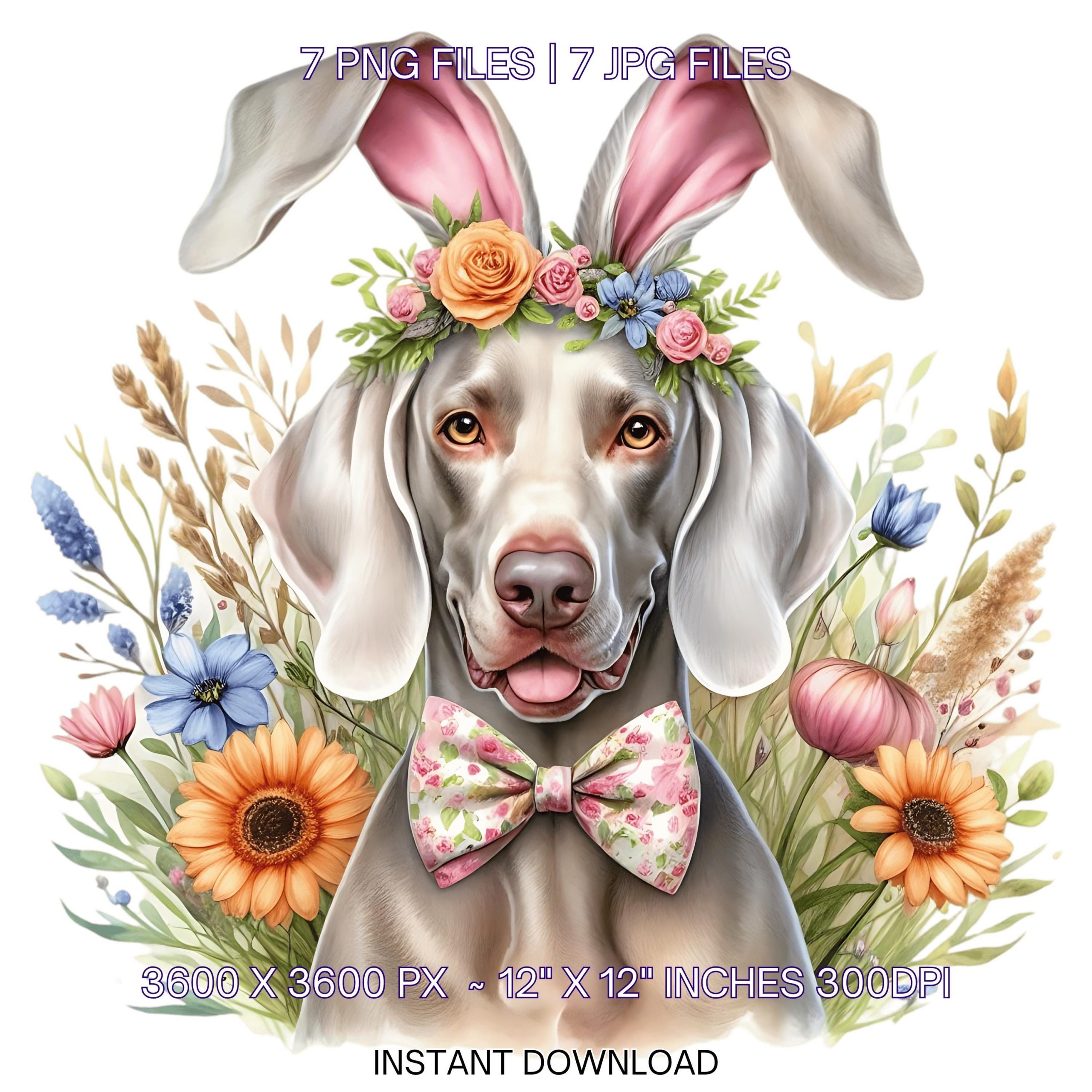Easter Weimaraner Dog Wearing Floral Bow & Bunny Ear Handband Ready for Easter Egg Hunting Clipart PNG, 7 Dog Lover Commercial Use – Instant Digital Download