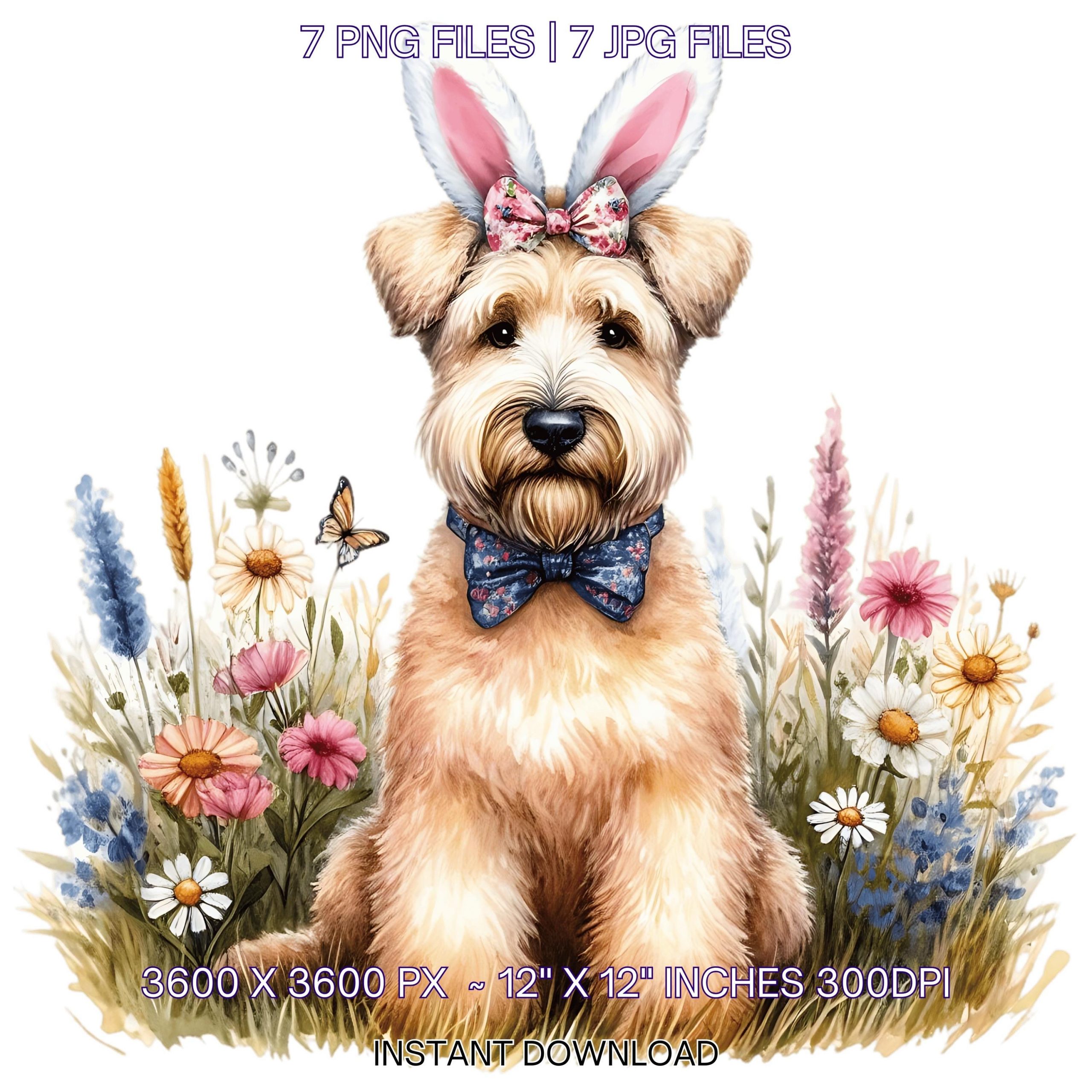 Soft Coated Wheaten Terrier Dog Wearing Floral Bow & Bunny Ear Handband Ready for Easter Egg Hunting Clipart PNG, 7 Dog Lover Commercial – Instant Digital Download